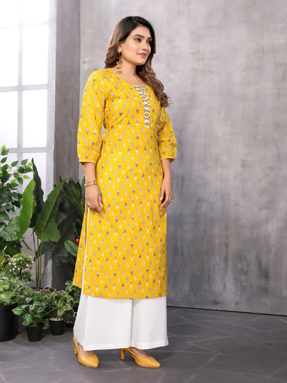 Buy Cotton Printed Straight Calf Length Kurti-Yellow