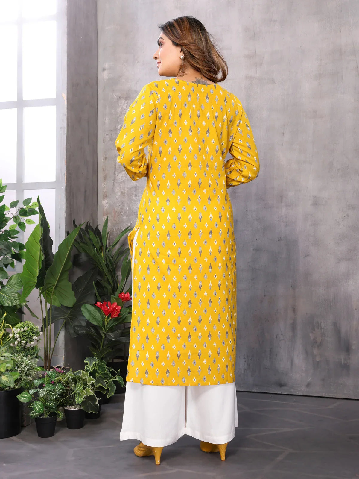 Buy Cotton Printed Straight Calf Length Kurti-Yellow