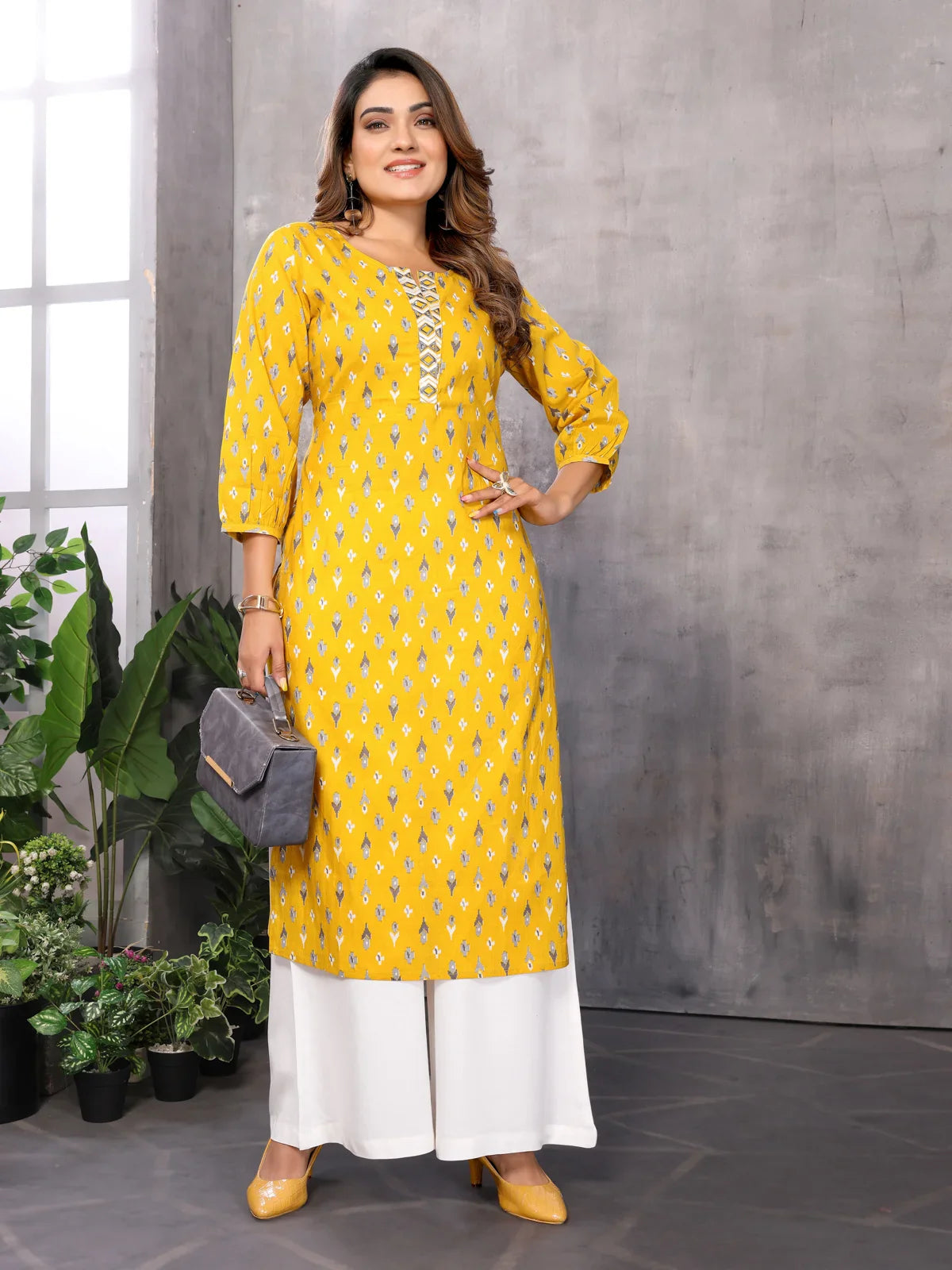 Buy Cotton Printed Straight Calf Length Kurti-Yellow