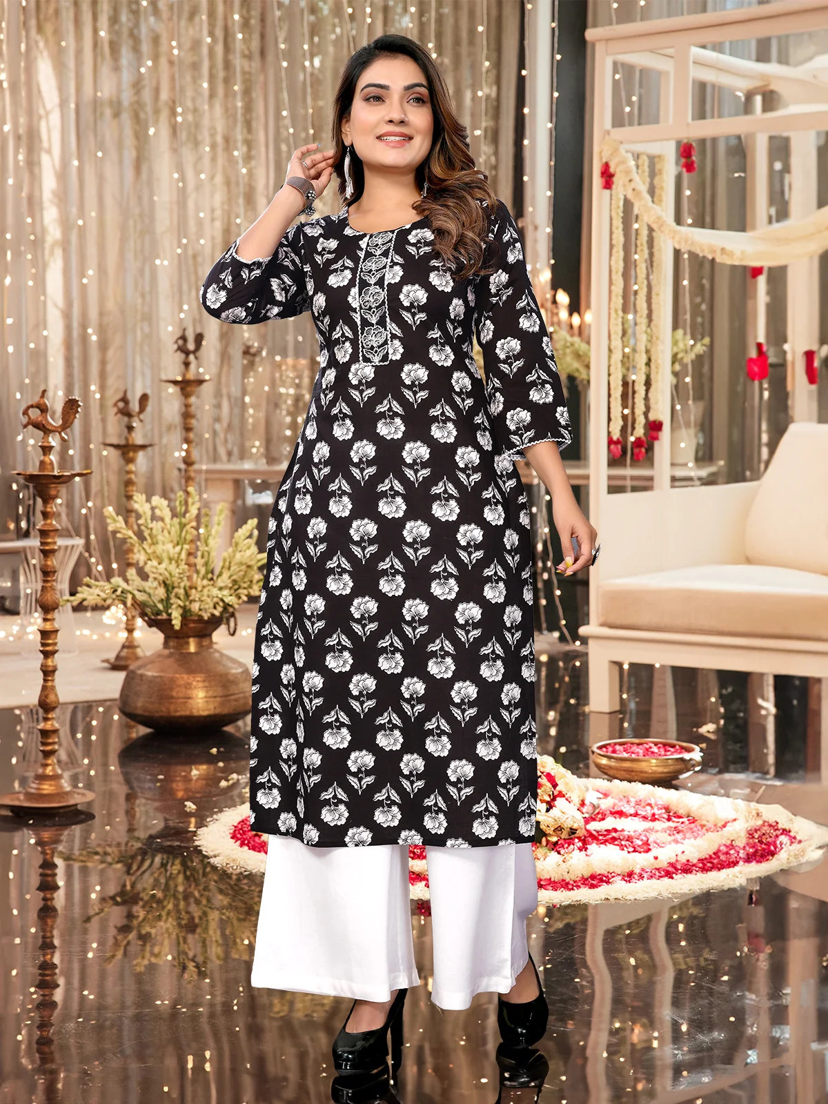 Buy Cotton Printed Straight Calf Length Kurti-Black