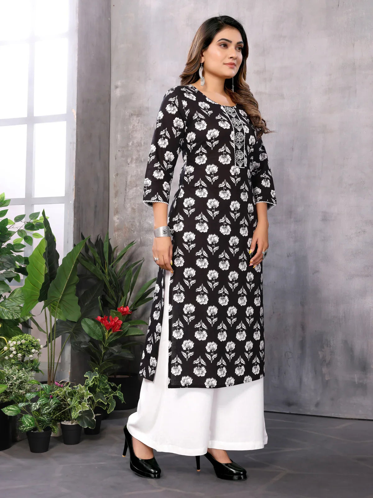 Buy Cotton Printed Straight Calf Length Kurti-Black