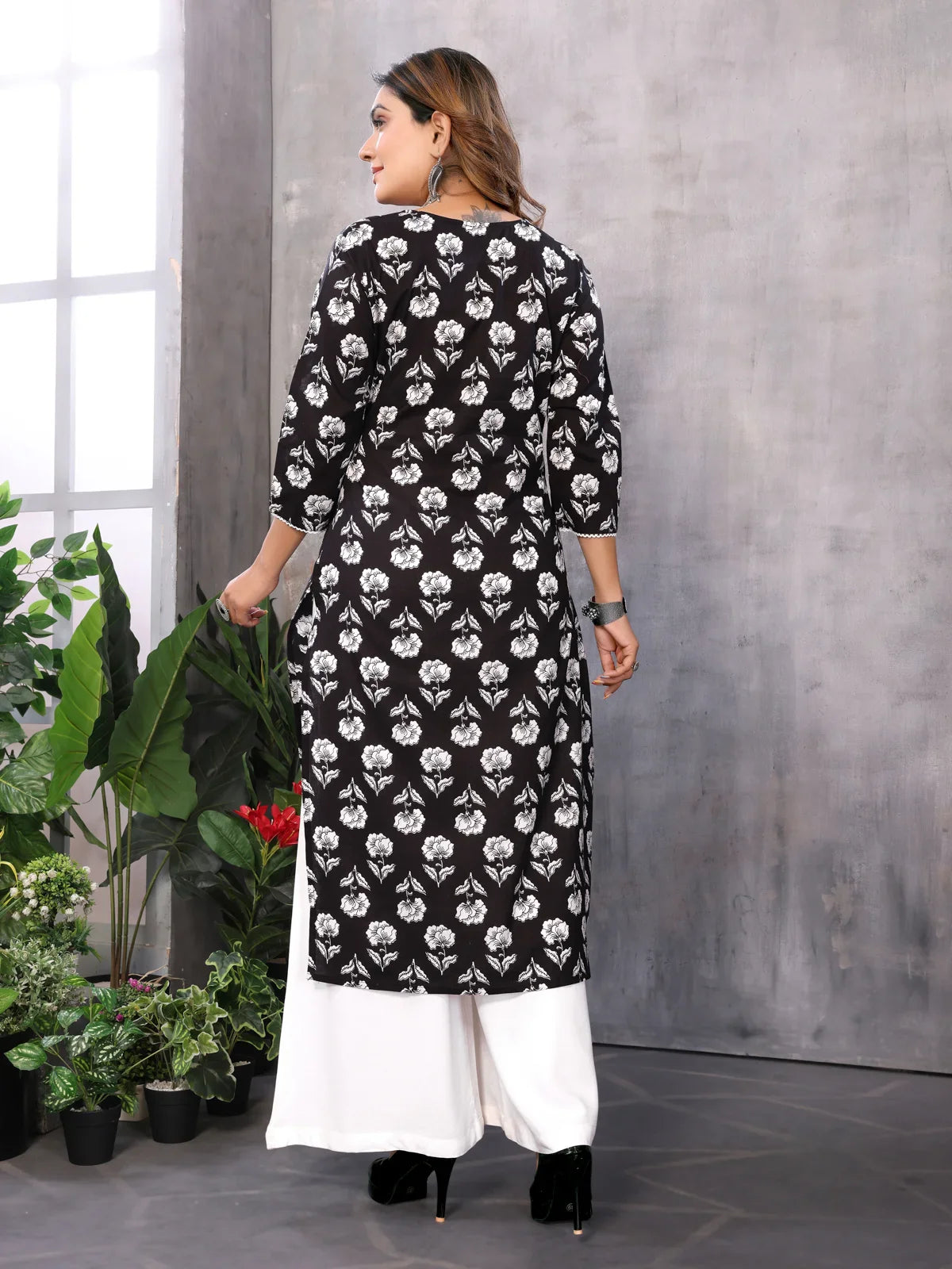 Buy Cotton Printed Straight Calf Length Kurti-Black