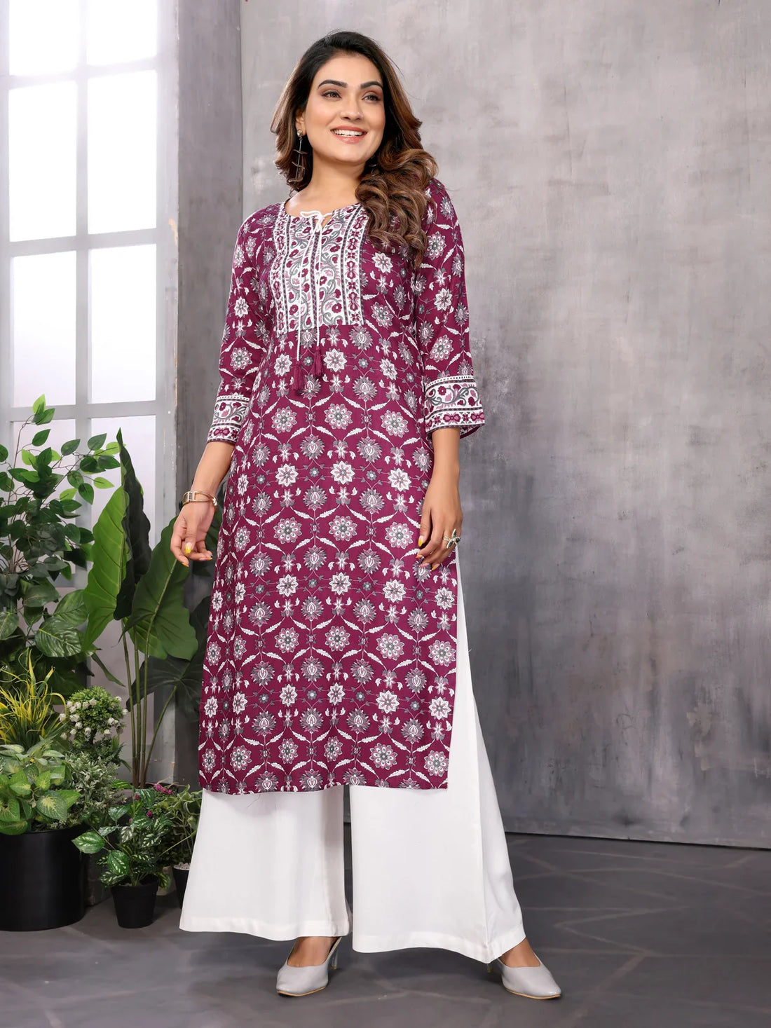 Buy Rayon Printed Straight Calf Length Kurti-Wine