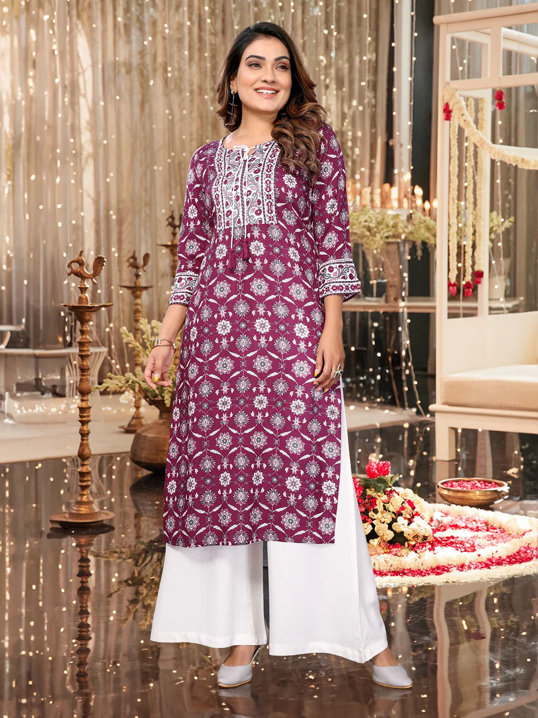 Buy Rayon Printed Straight Calf Length Kurti-Wine