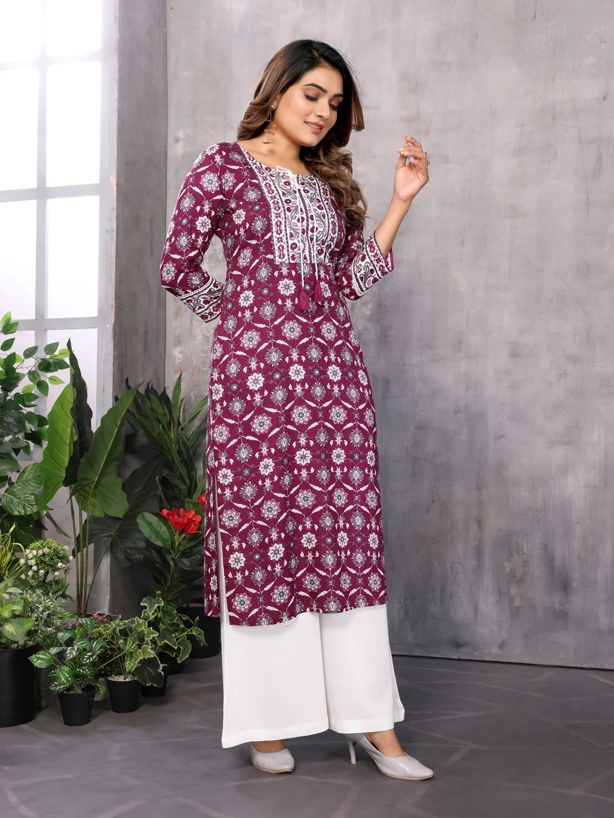 Buy Rayon Printed Straight Calf Length Kurti-Wine