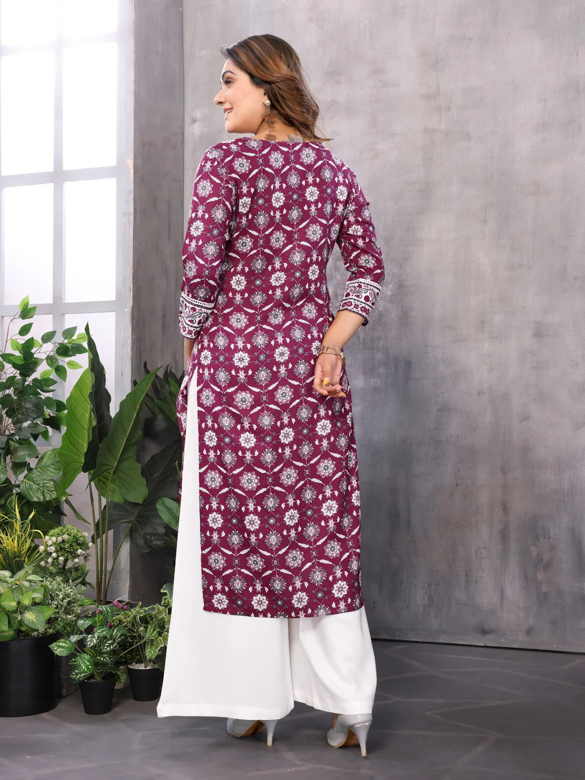 Buy Rayon Printed Straight Calf Length Kurti-Wine