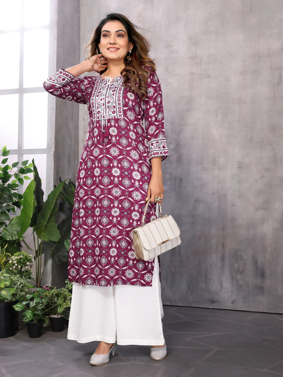 Buy Rayon Printed Straight Calf Length Kurti-Wine