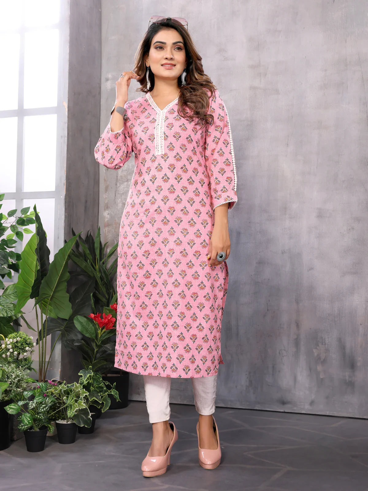 Buy Cotton Embroidered Straight Calf Length Kurti-Pink