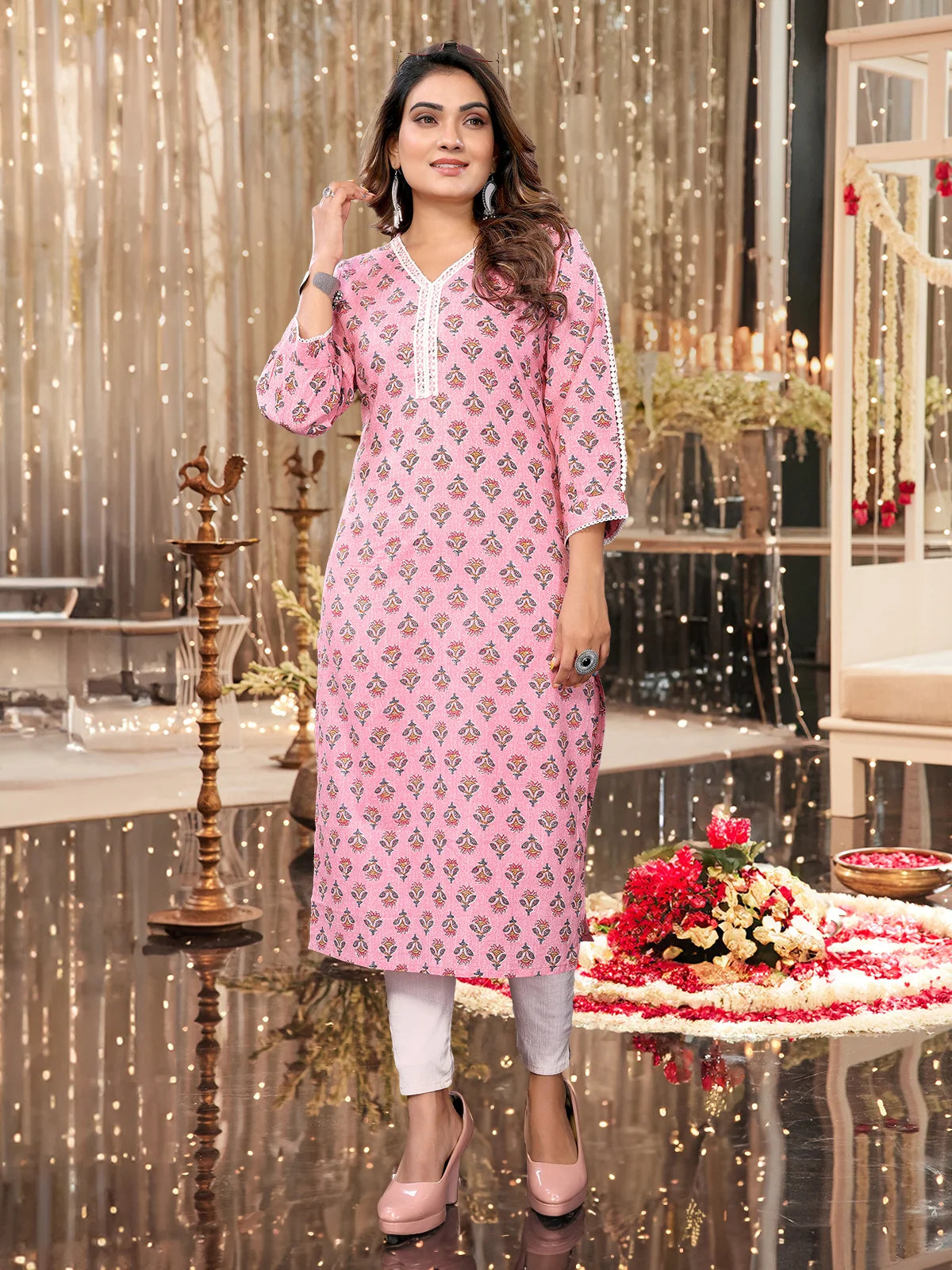 Buy Cotton Embroidered Straight Calf Length Kurti-Pink