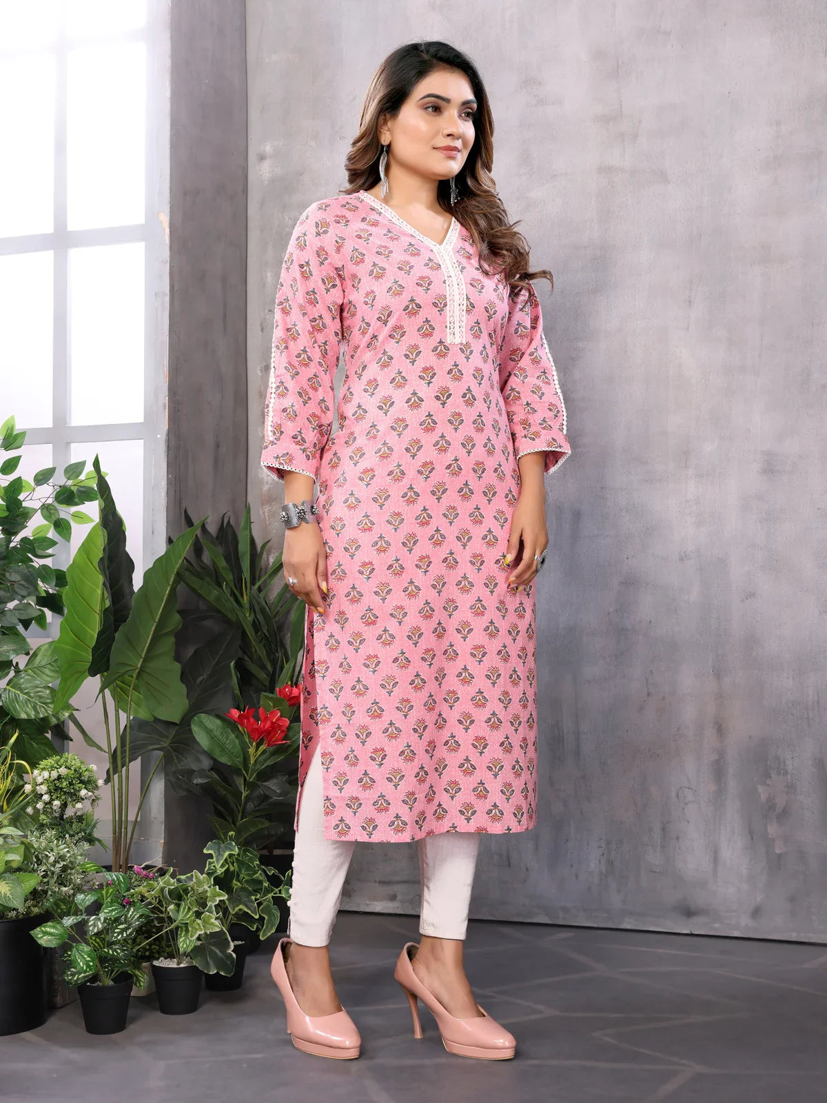 Buy Cotton Embroidered Straight Calf Length Kurti-Pink