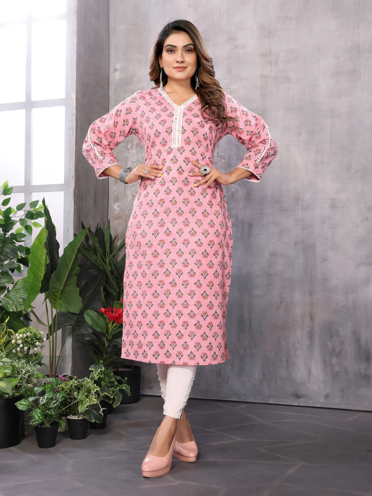 Buy Cotton Embroidered Straight Calf Length Kurti-Pink