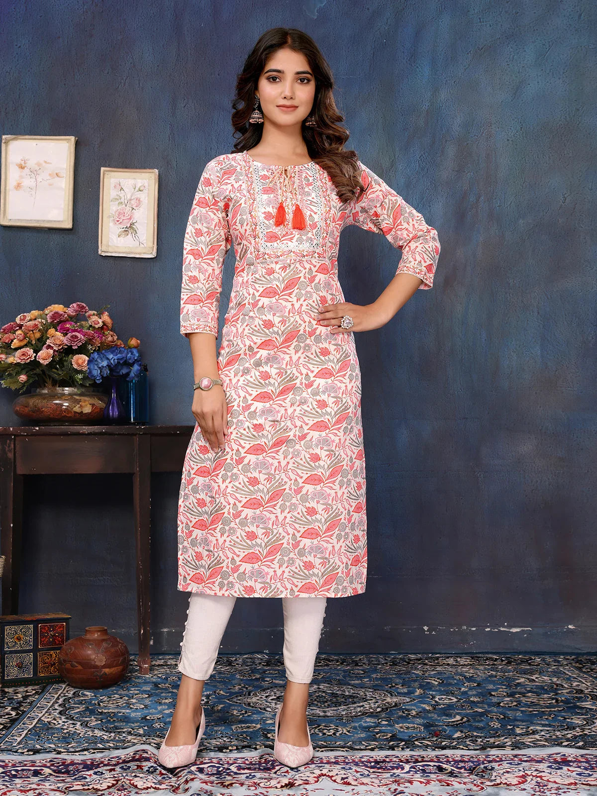 Buy Cotton Embroide Straight Calf Length Kurti-Red