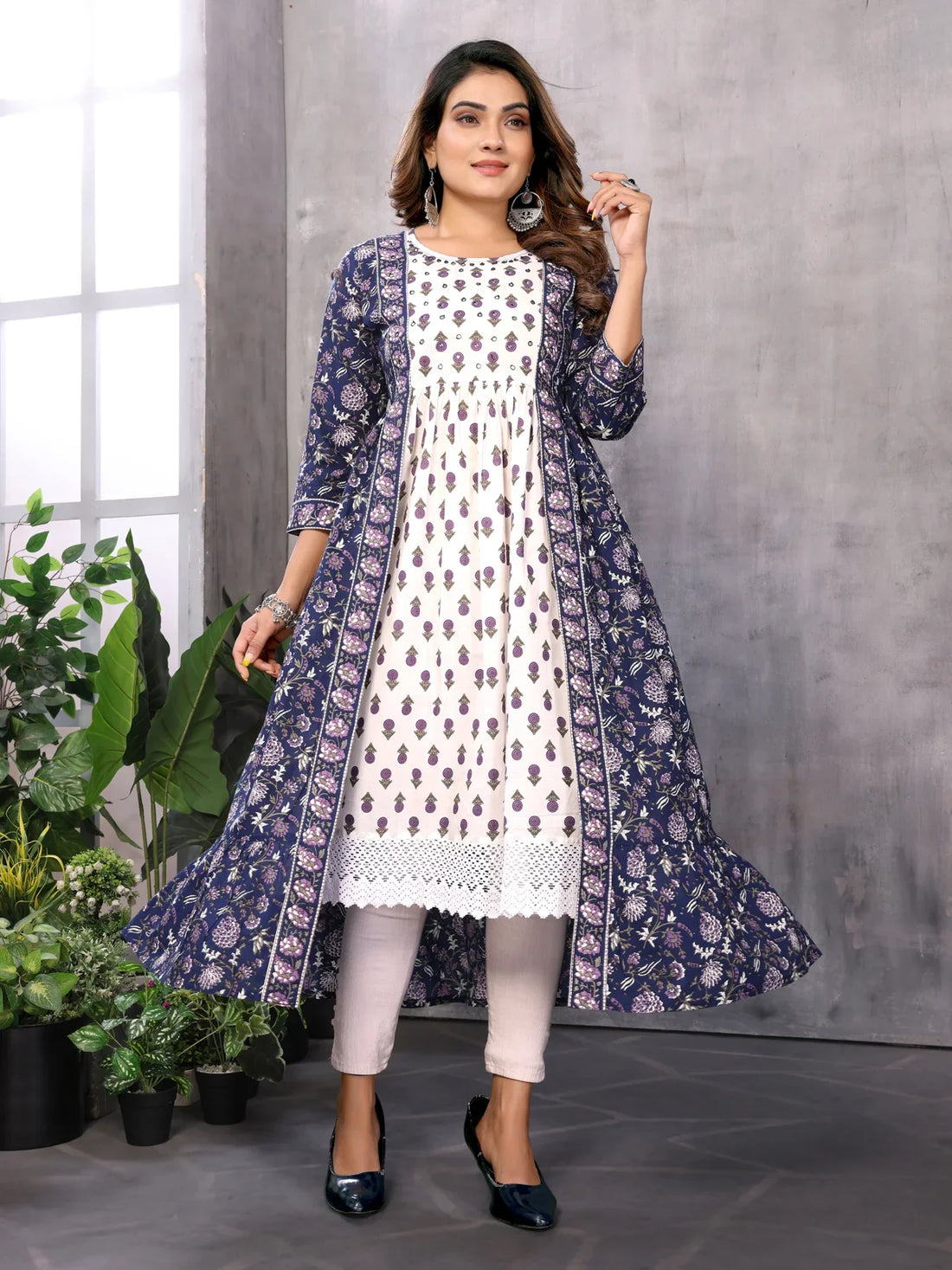 Buy Cotton Embroidered Flared Calf Length Kurti-Blue