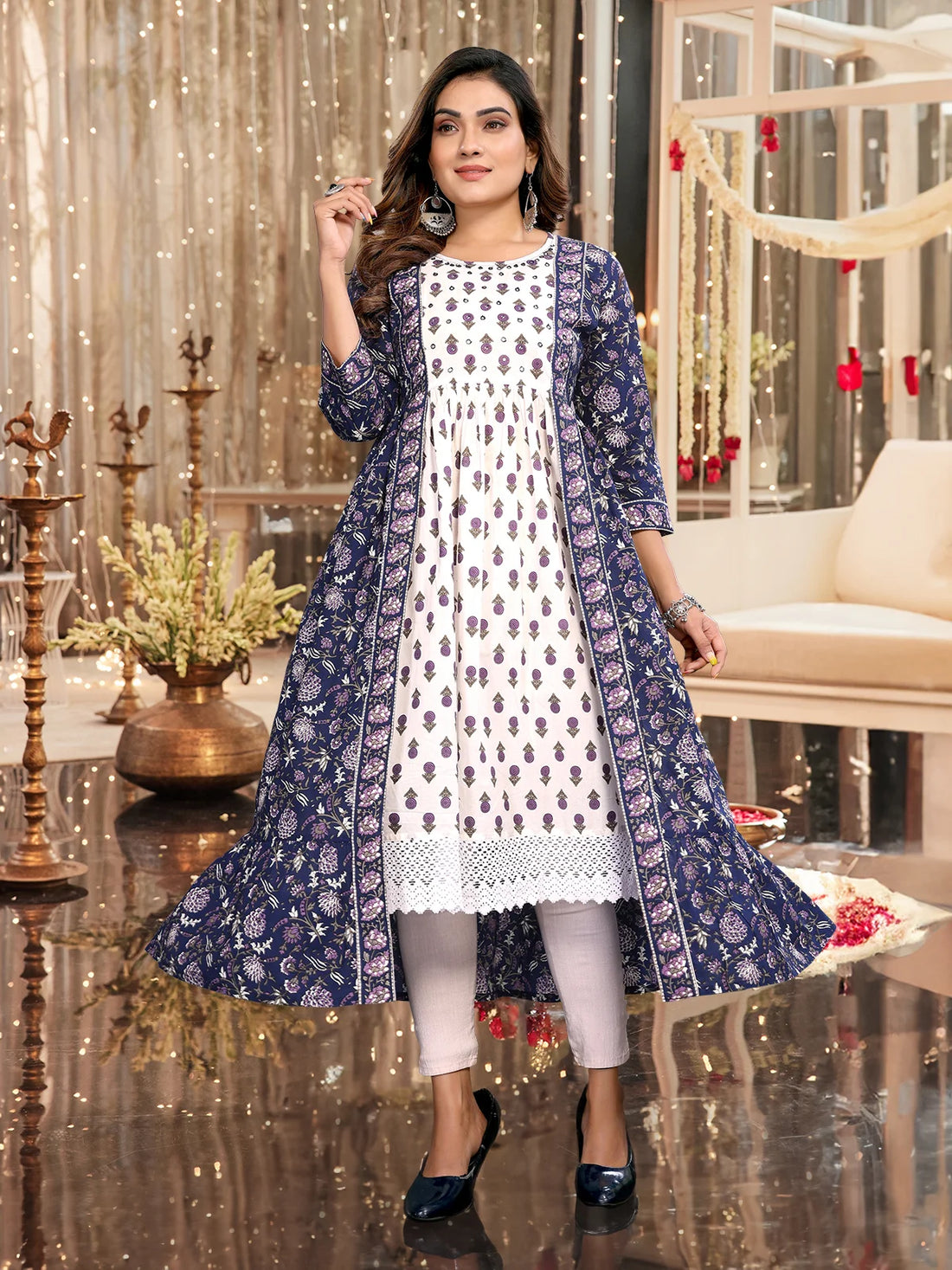 Buy Cotton Embroidered Flared Calf Length Kurti-Blue