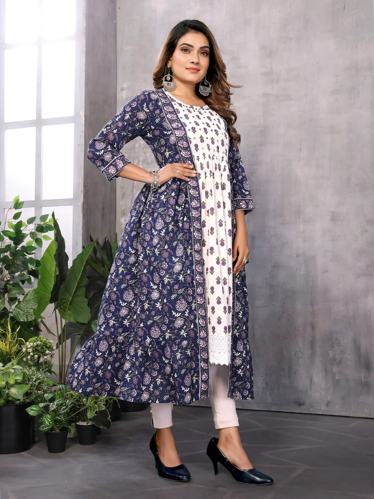 Buy Cotton Embroidered Flared Calf Length Kurti-Blue