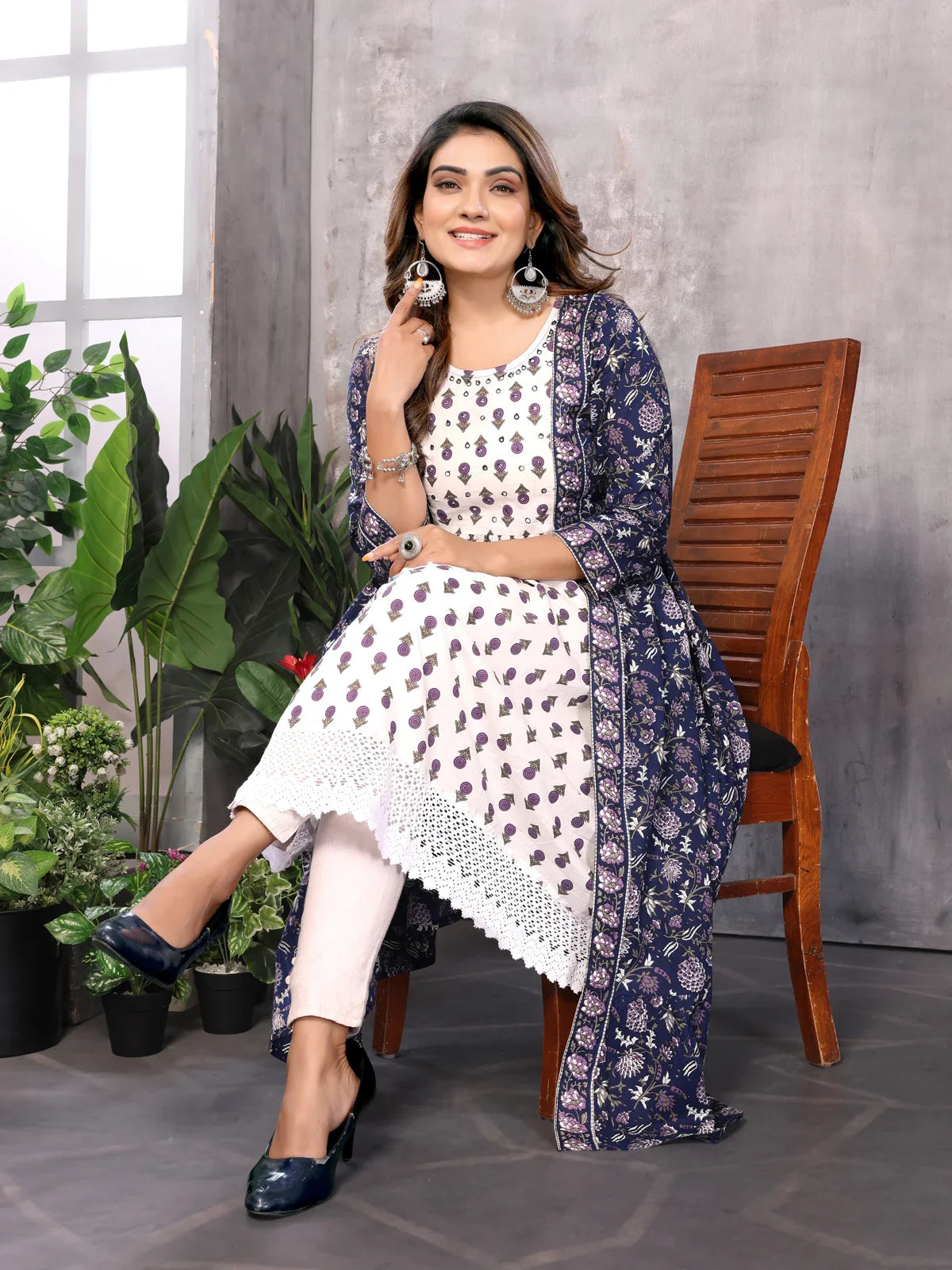 Buy Cotton Embroidered Flared Calf Length Kurti-Blue