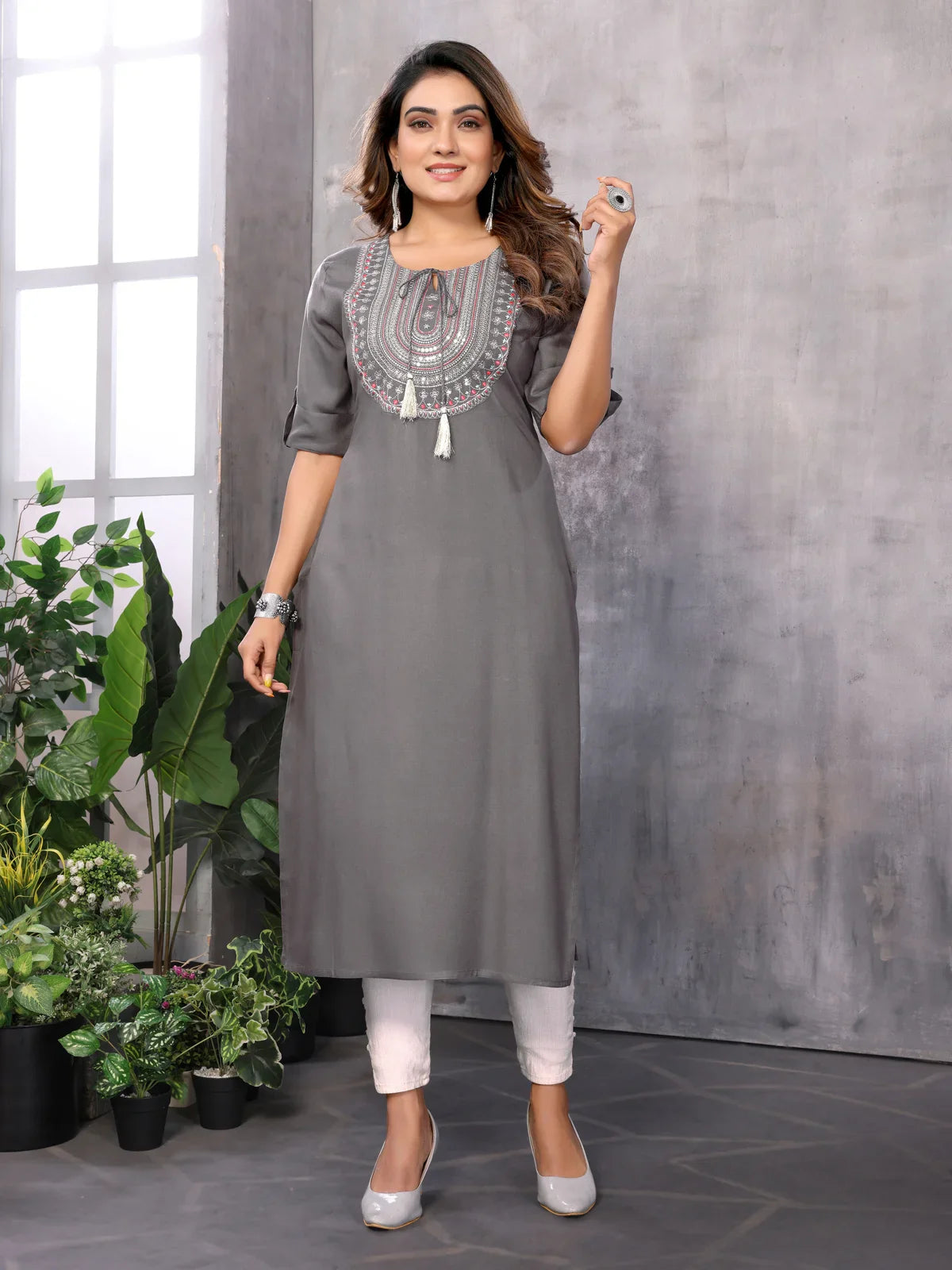 Buy Rayon Embroidered Straight Calf Length Kurti-Grey