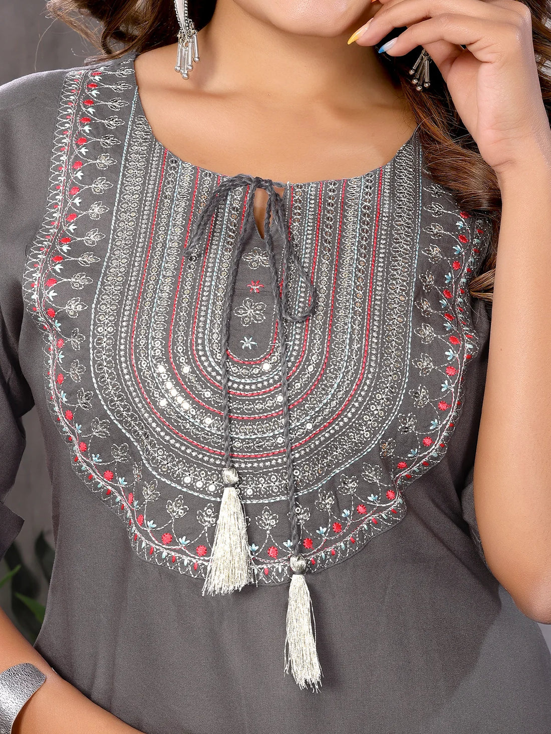 Buy Rayon Embroidered Straight Calf Length Kurti-Grey