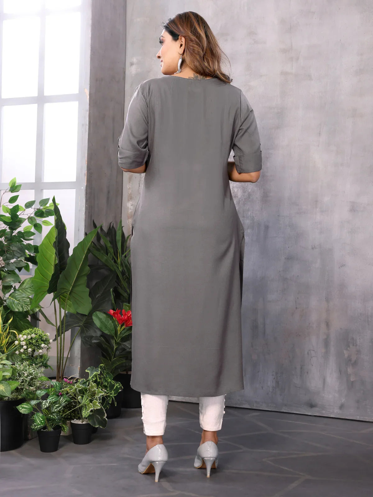 Buy Rayon Embroidered Straight Calf Length Kurti-Grey