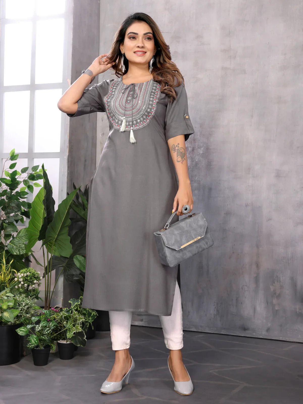 Buy Rayon Embroidered Straight Calf Length Kurti-Grey