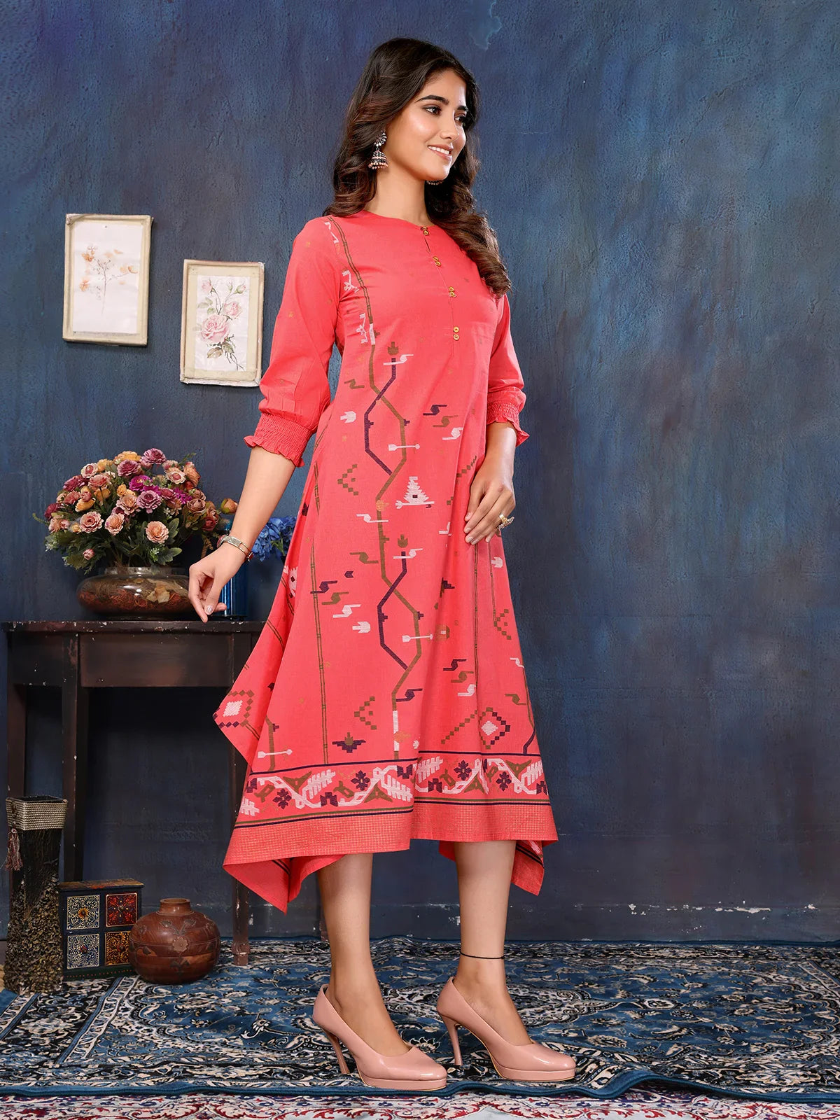 Buy Cotton Printed Asymmetrical Calf Length Kurti-Peach