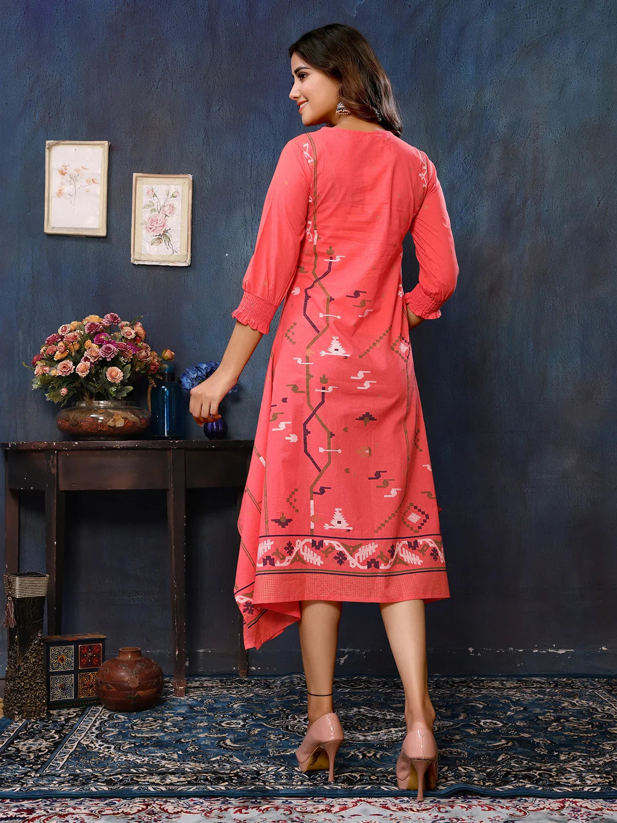 Buy Cotton Printed Asymmetrical Calf Length Kurti-Peach