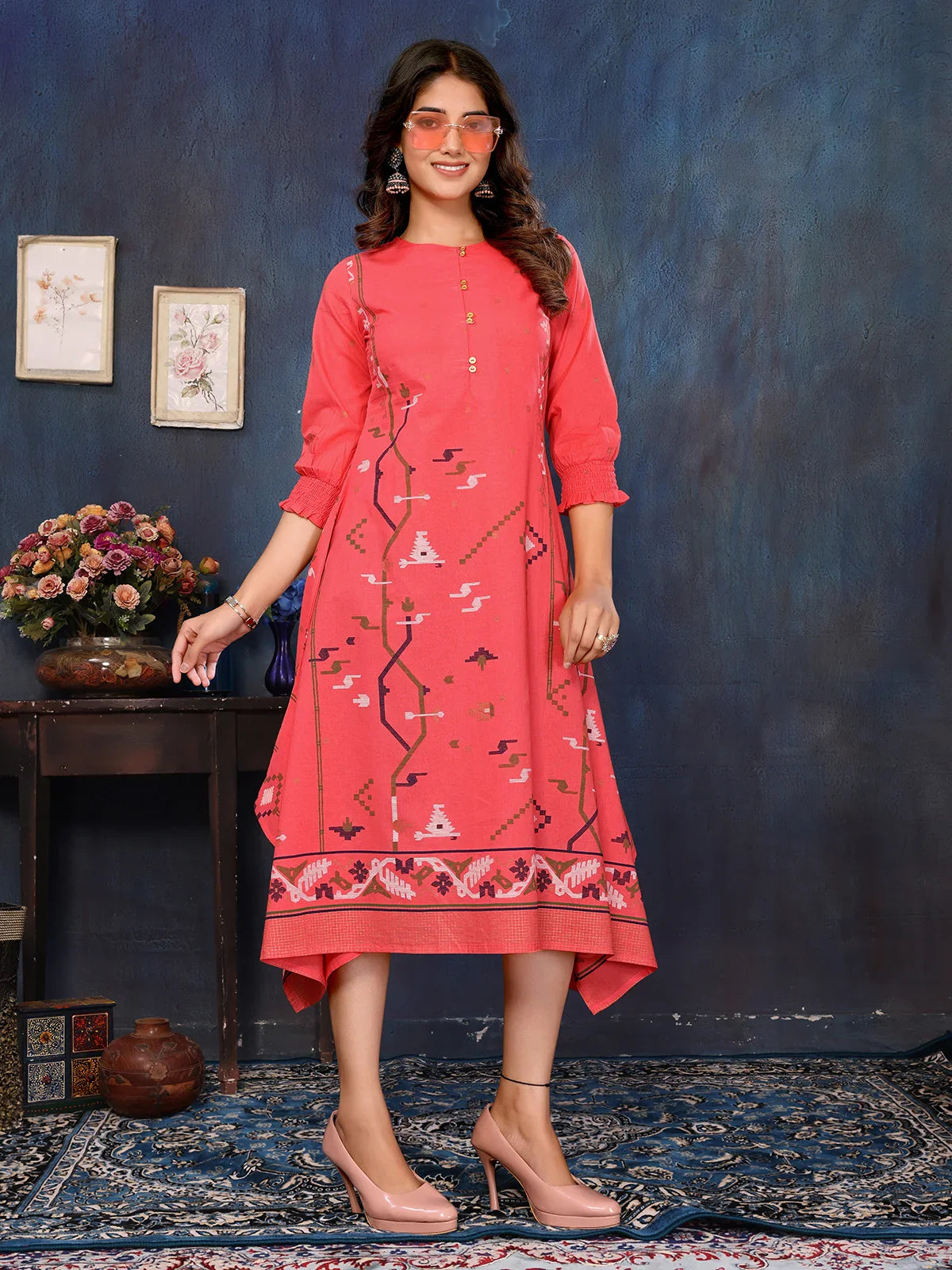 Buy Cotton Printed Asymmetrical Calf Length Kurti-Peach