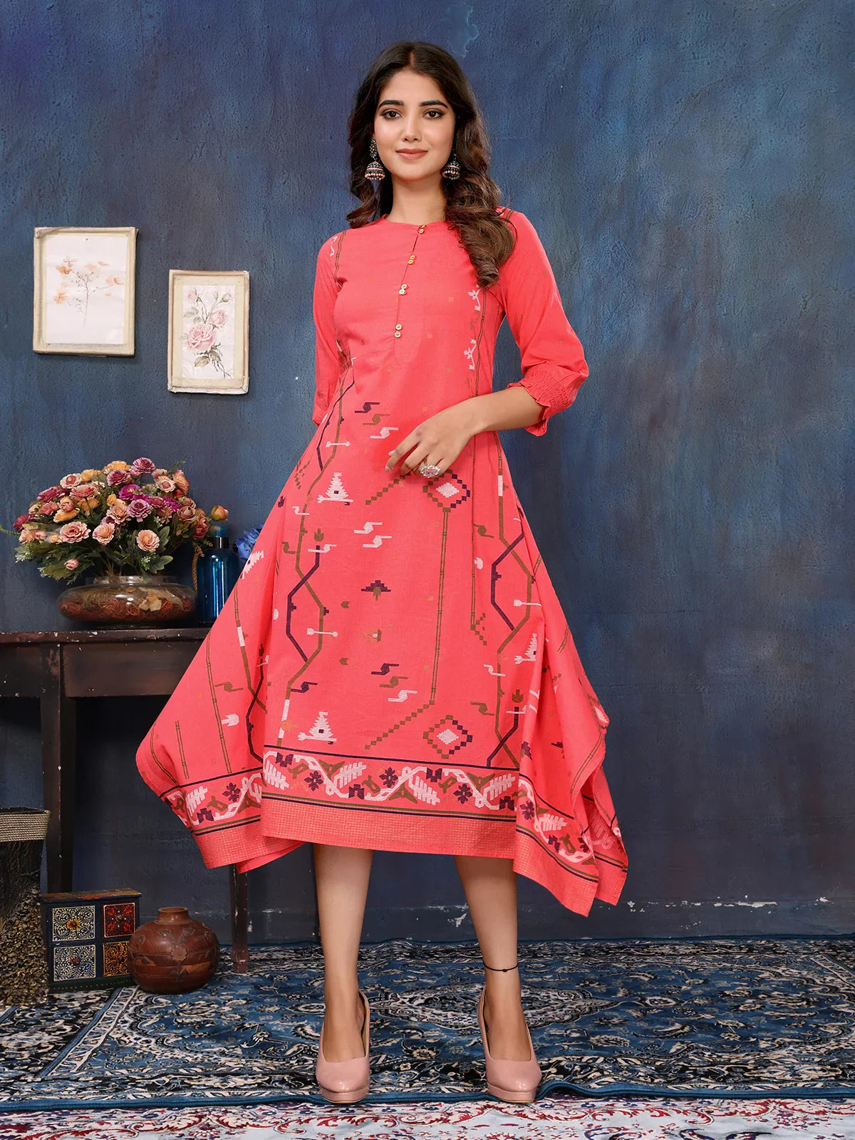 Buy Cotton Printed Asymmetrical Calf Length Kurti-Peach