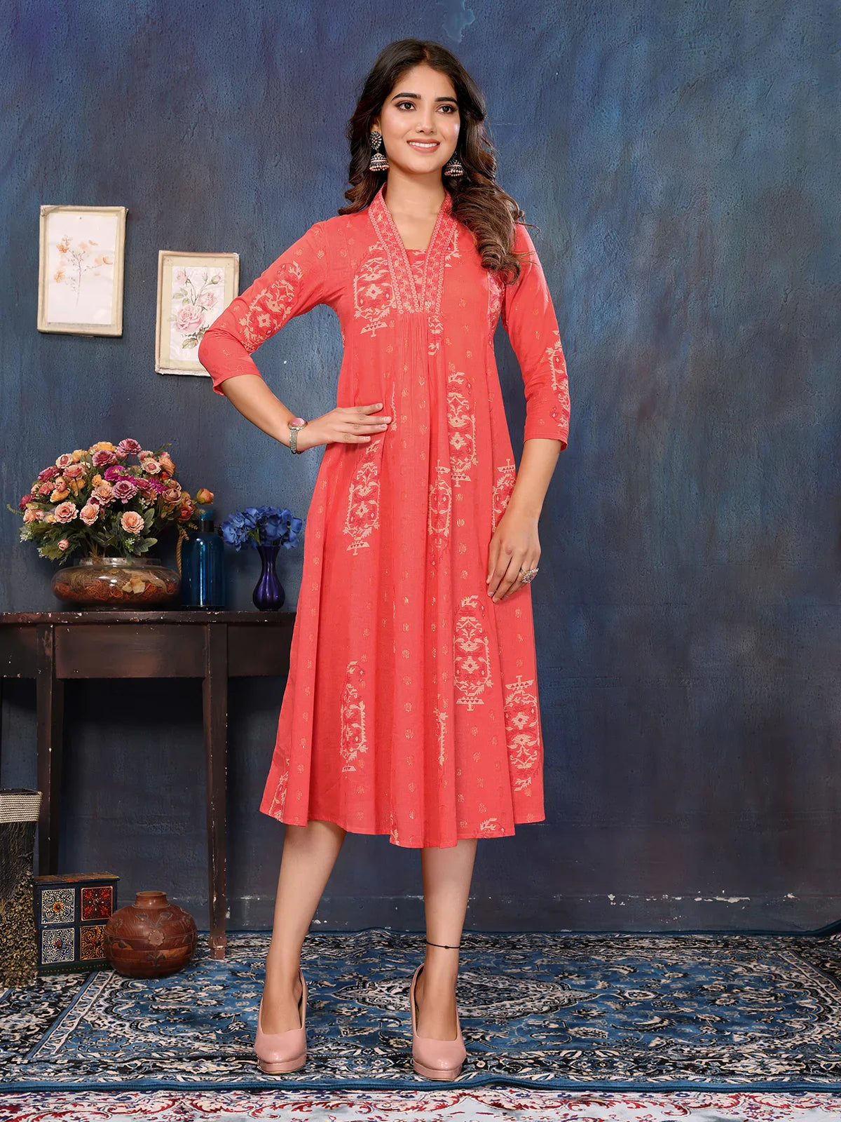 Buy Cotton Printed A-line Calf Length Kurti-Peach