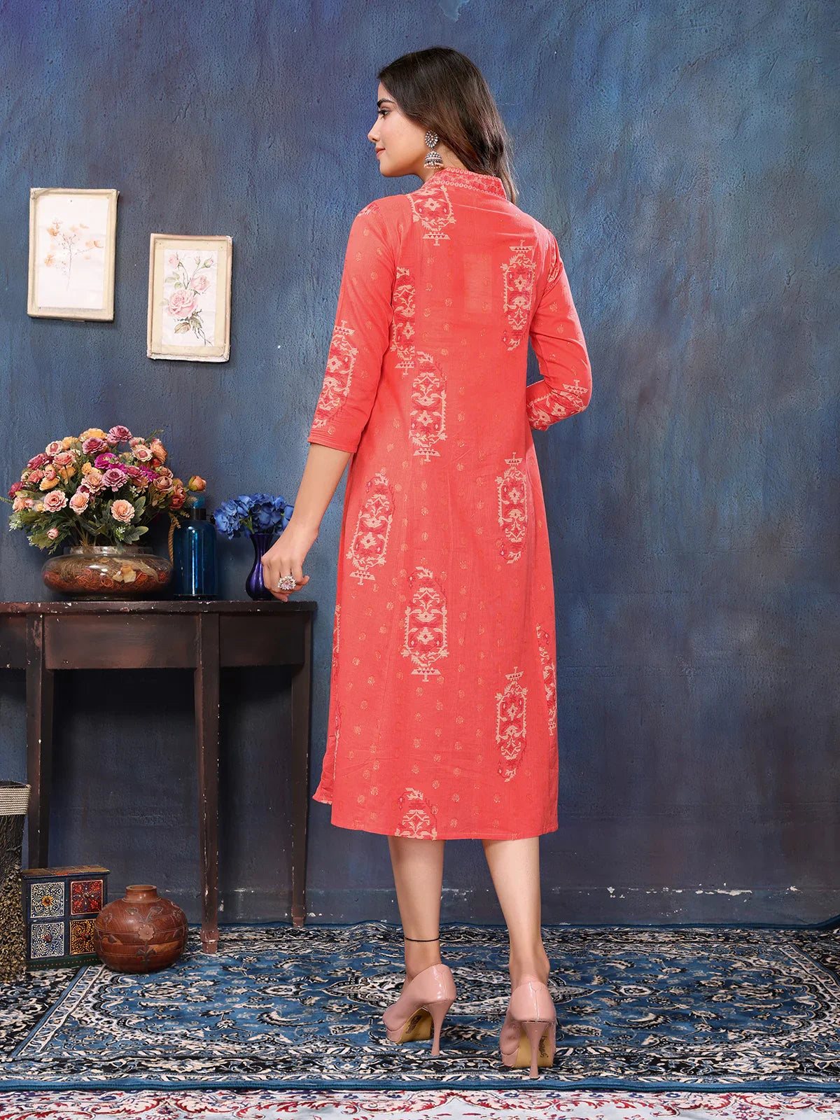 Buy Cotton Printed A-line Calf Length Kurti-Peach