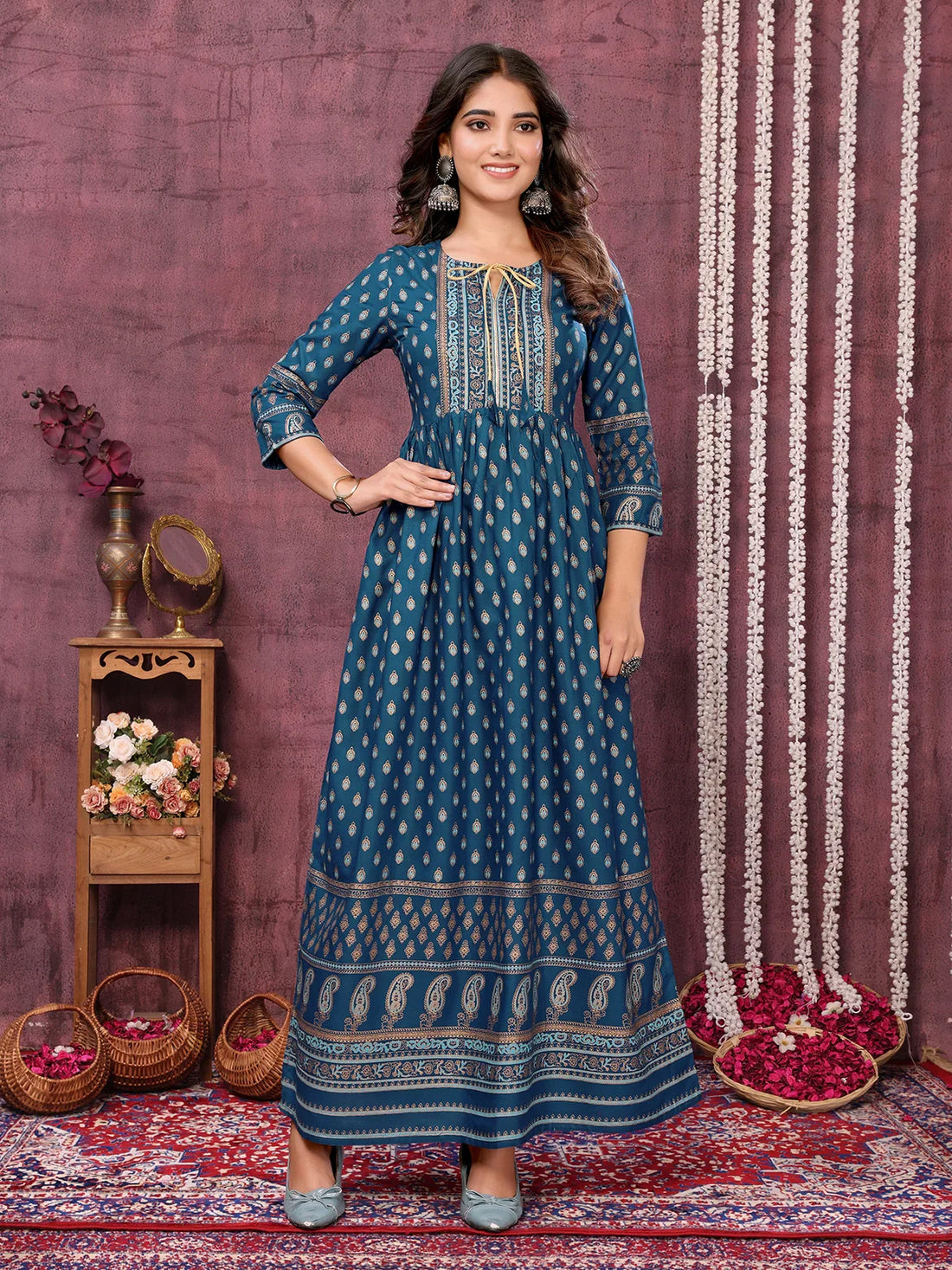 Buy Rayon Printed Flared Calf Length Kurti-Indigo