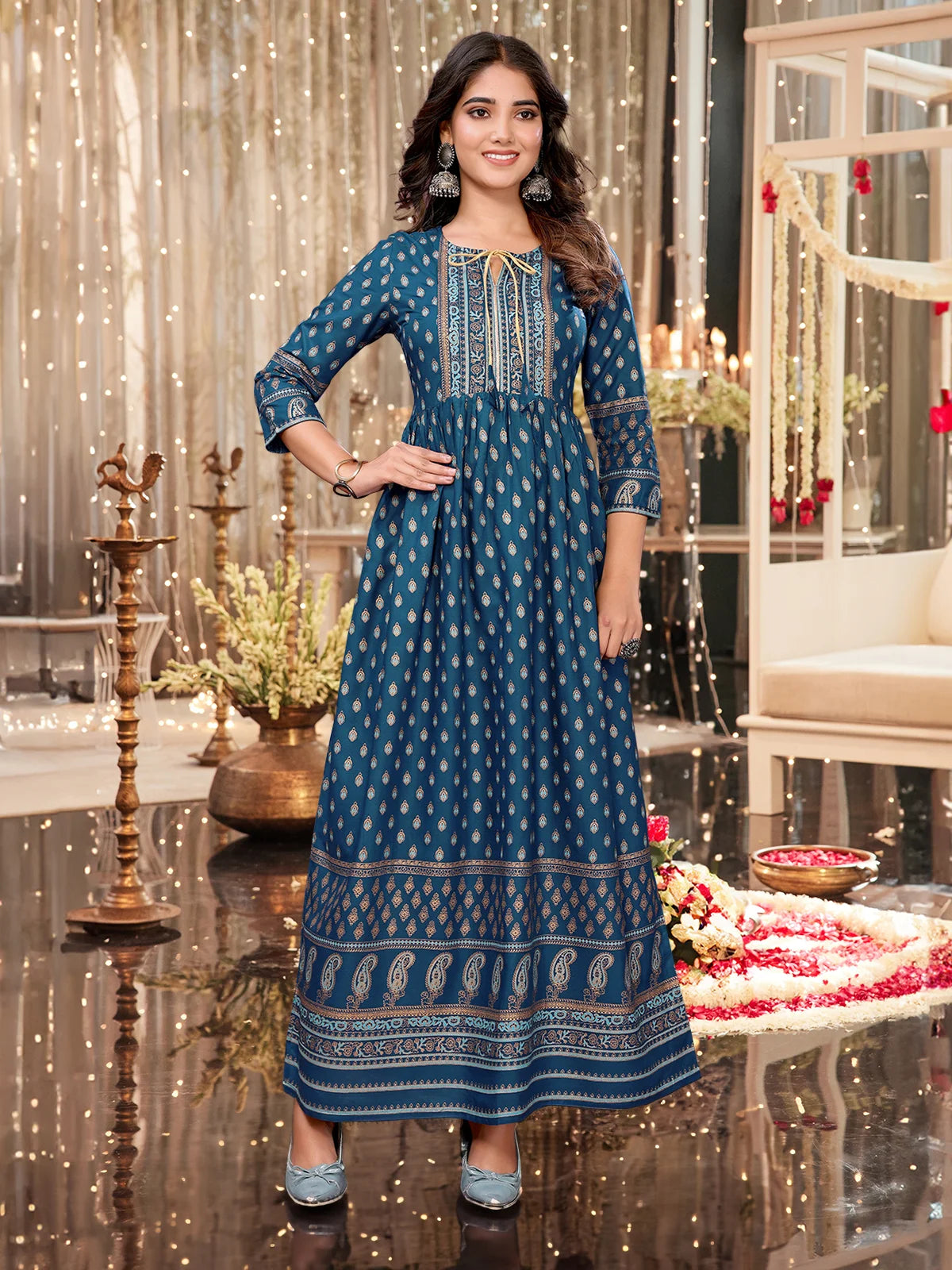 Buy Rayon Printed Flared Calf Length Kurti-Indigo