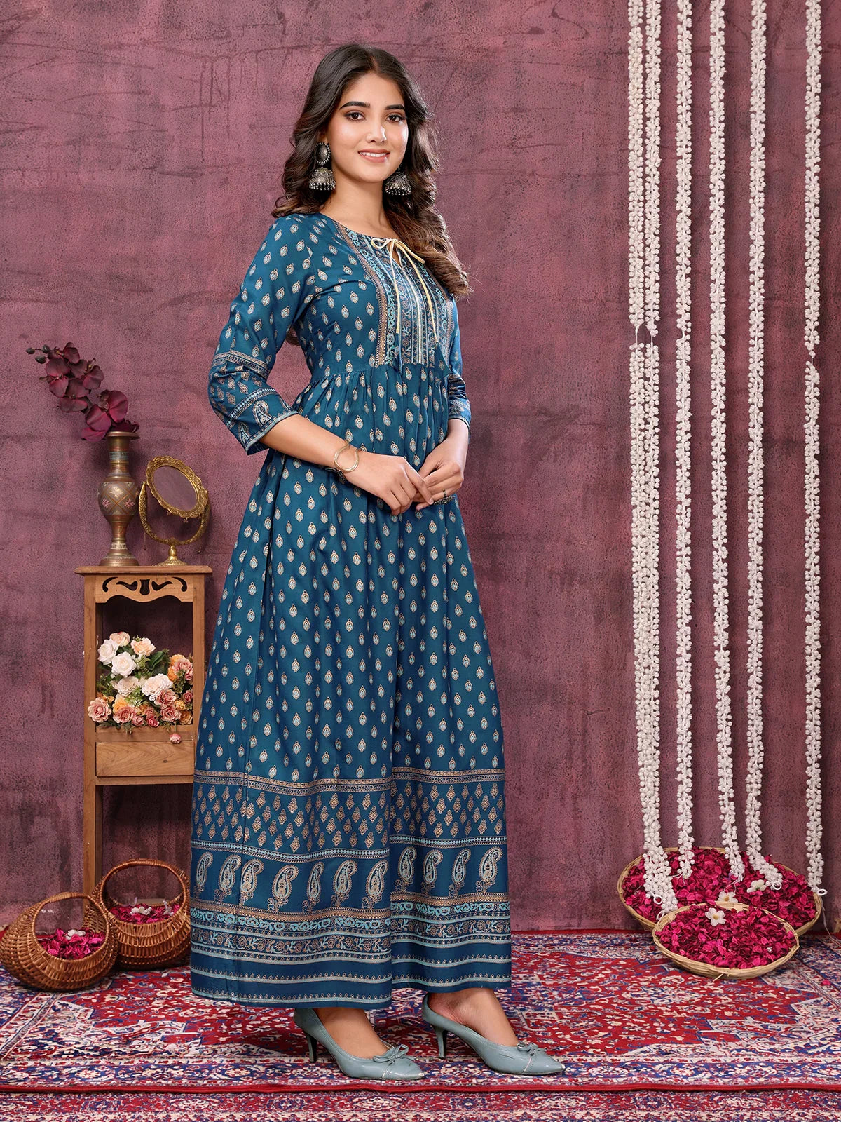 Buy Rayon Printed Flared Calf Length Kurti-Indigo