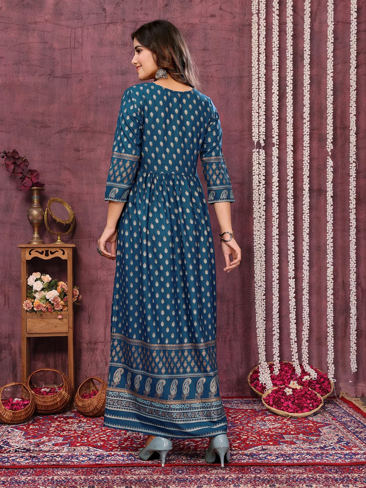 Buy Rayon Printed Flared Calf Length Kurti-Indigo