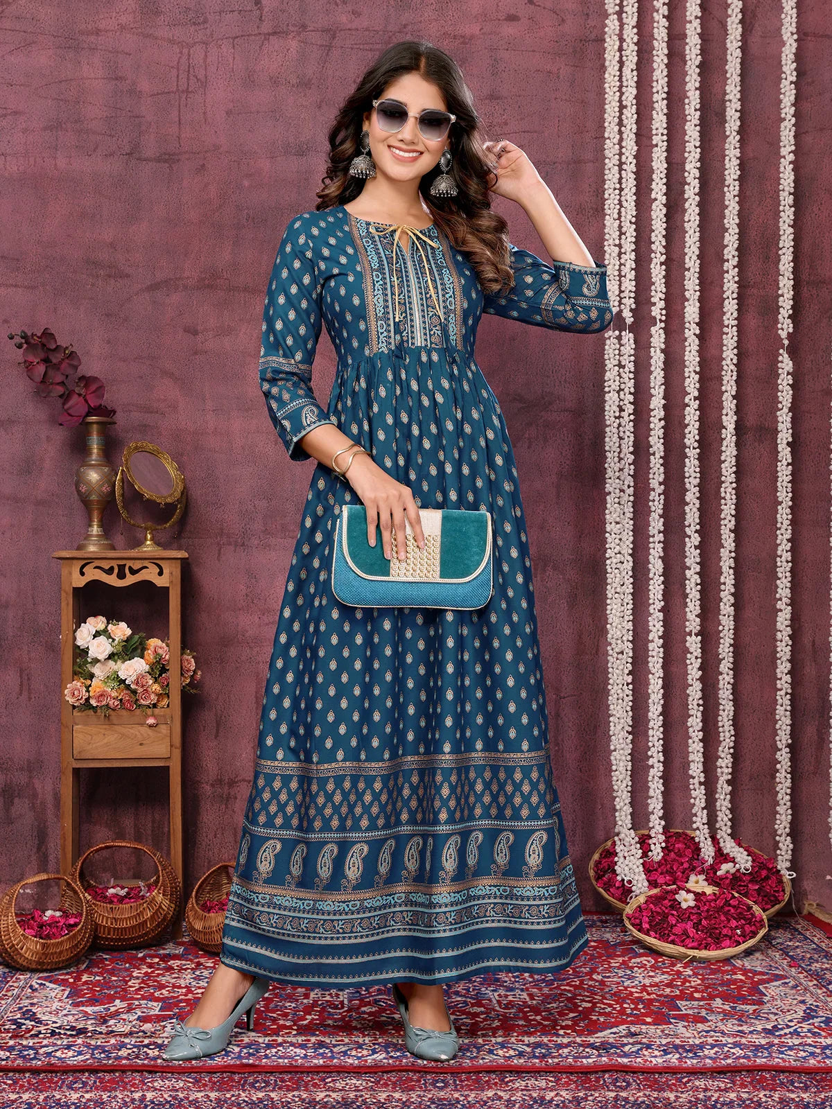 Buy Rayon Printed Flared Calf Length Kurti-Indigo