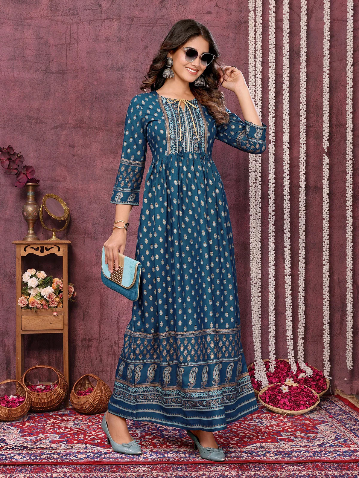 Buy Rayon Printed Flared Calf Length Kurti-Indigo