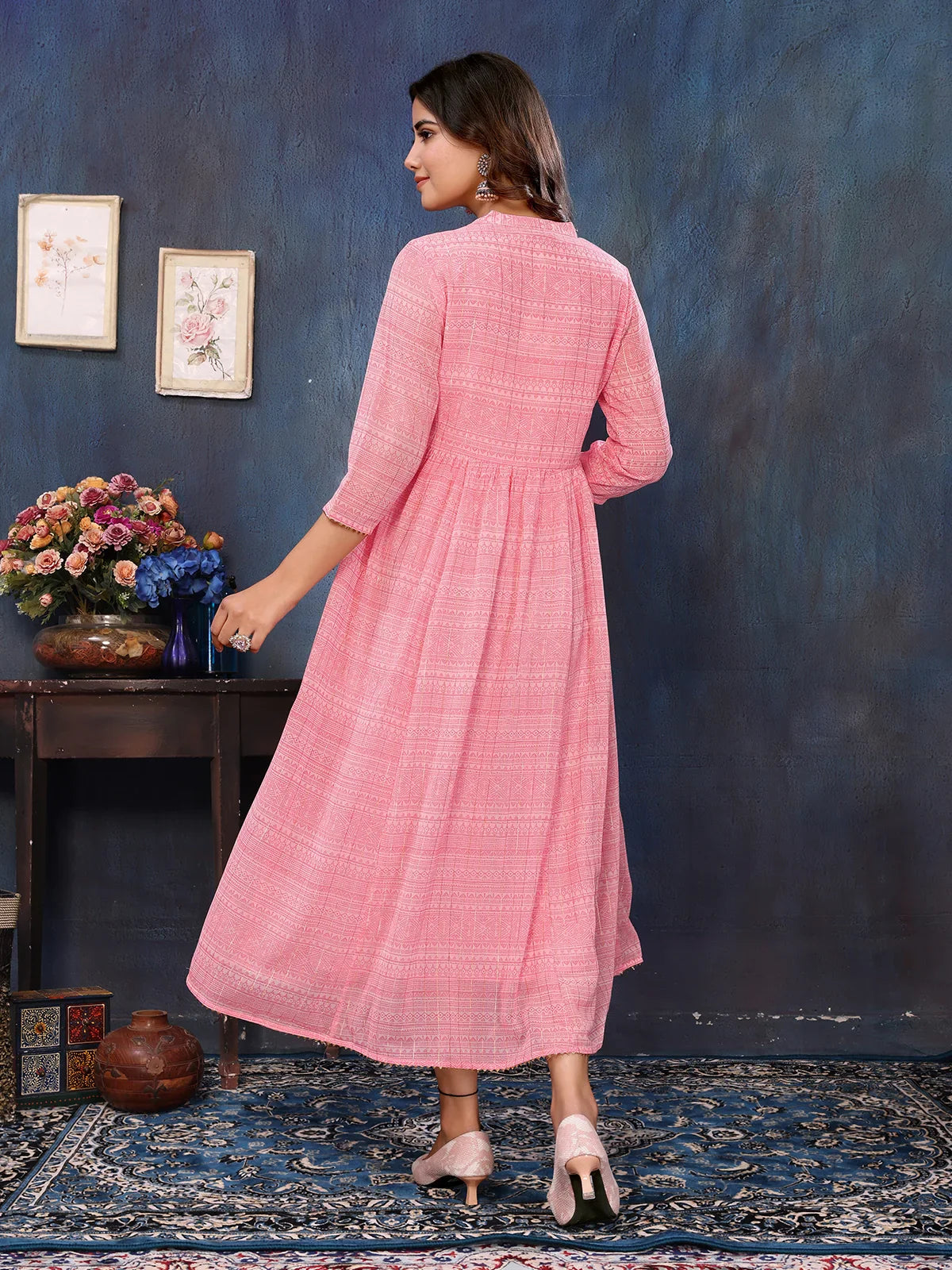 Buy Georgette Embellished Flared Calf Length Kurti-Pink