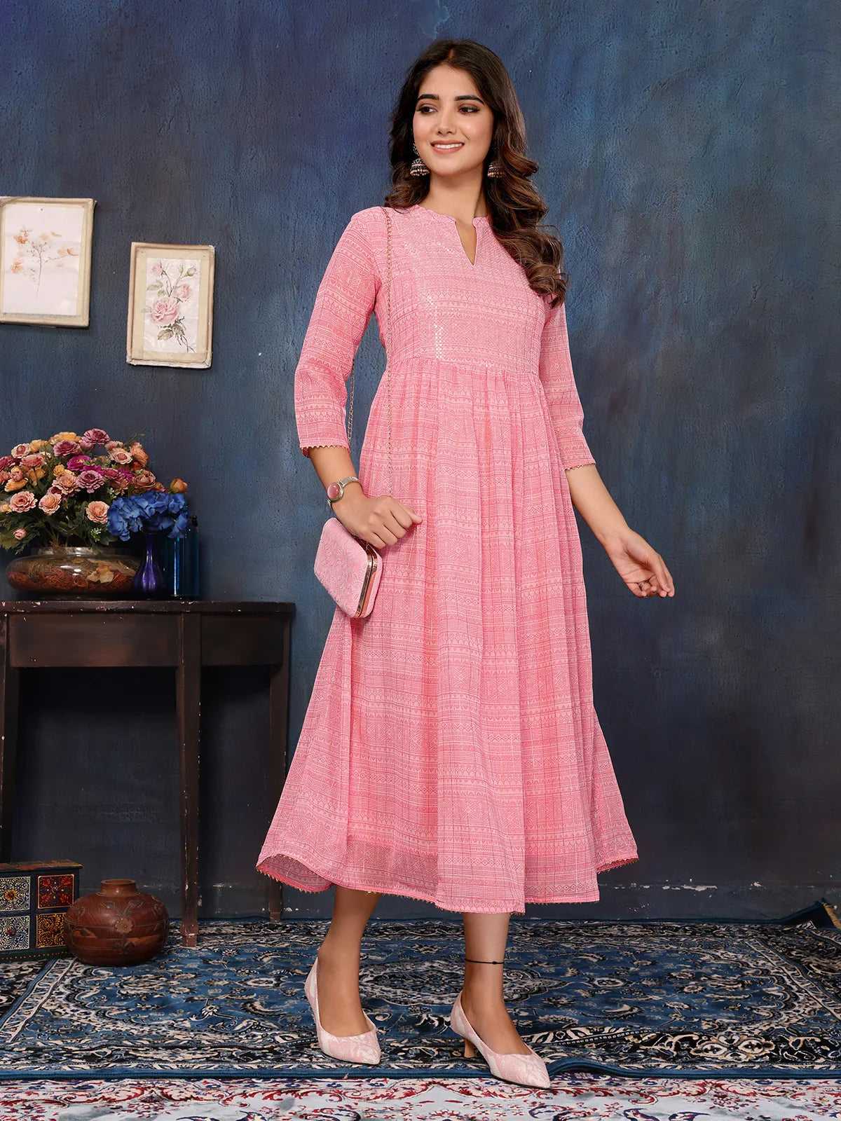 Buy Georgette Embellished Flared Calf Length Kurti-Pink