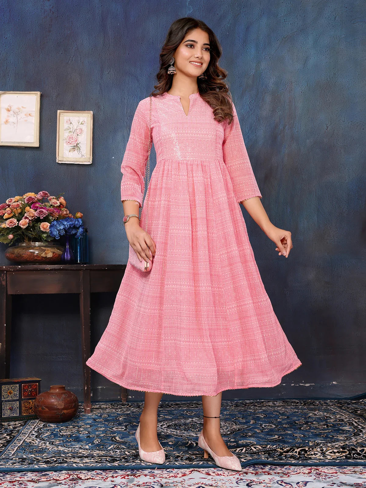 Buy Georgette Embellished Flared Calf Length Kurti-Pink