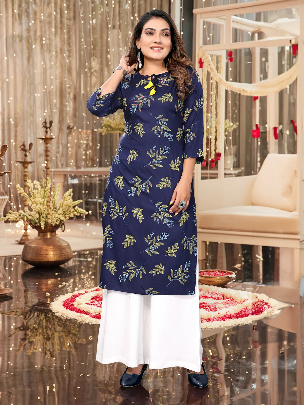 Buy Rayon Printed Straight Knee Length Kurti-Blue