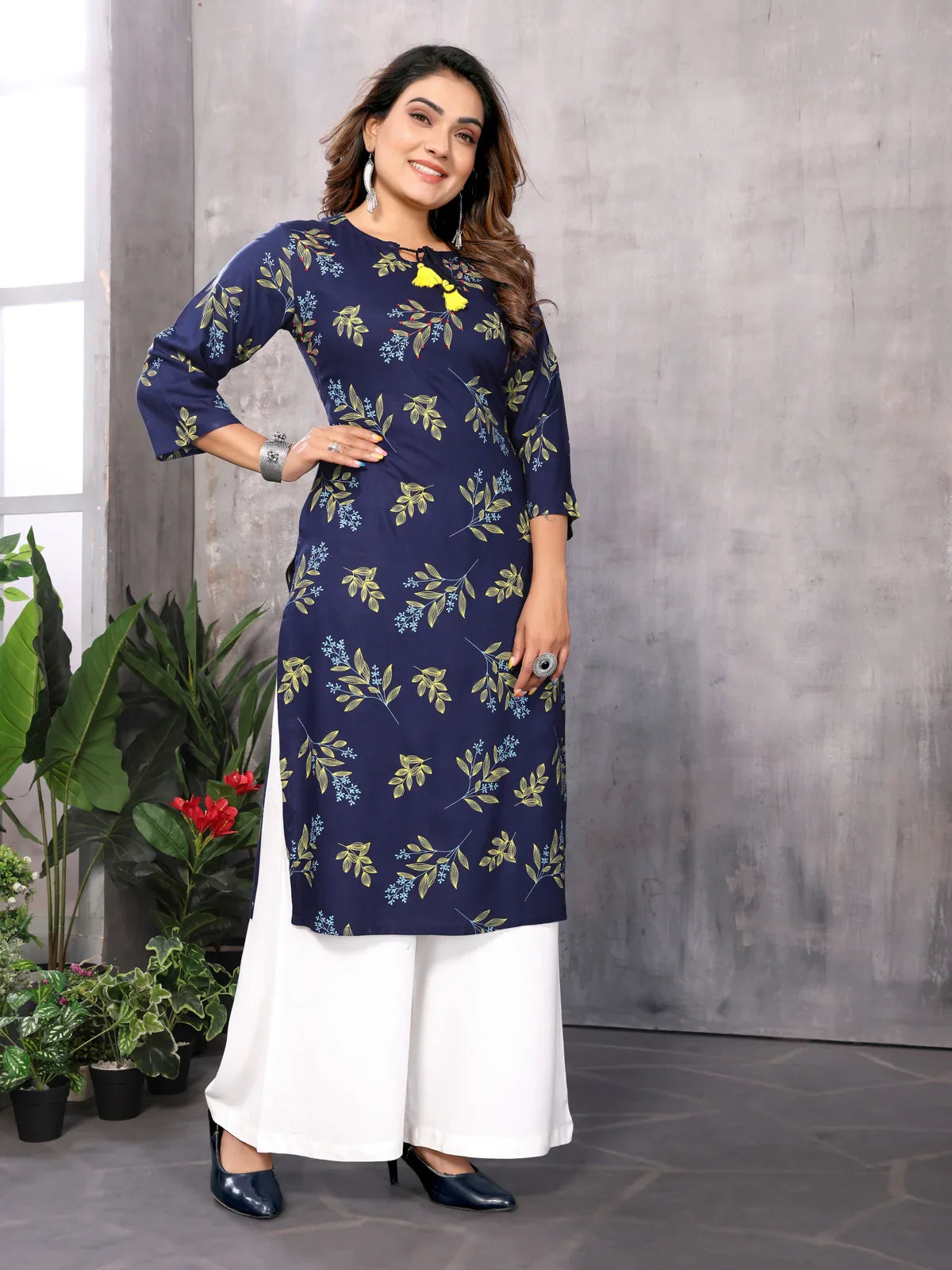 Buy Rayon Printed Straight Knee Length Kurti-Blue