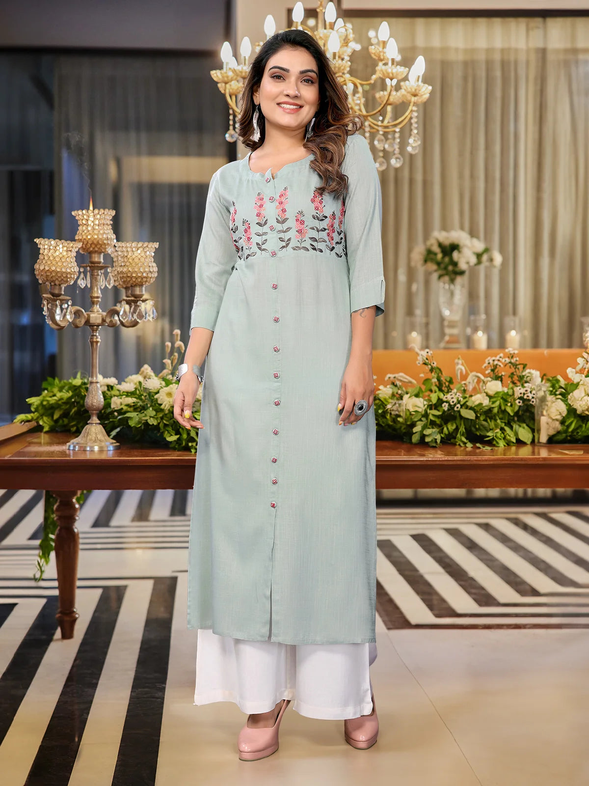 Buy Rayon Embroidered Straight Calf Length Kurti-Mint Green