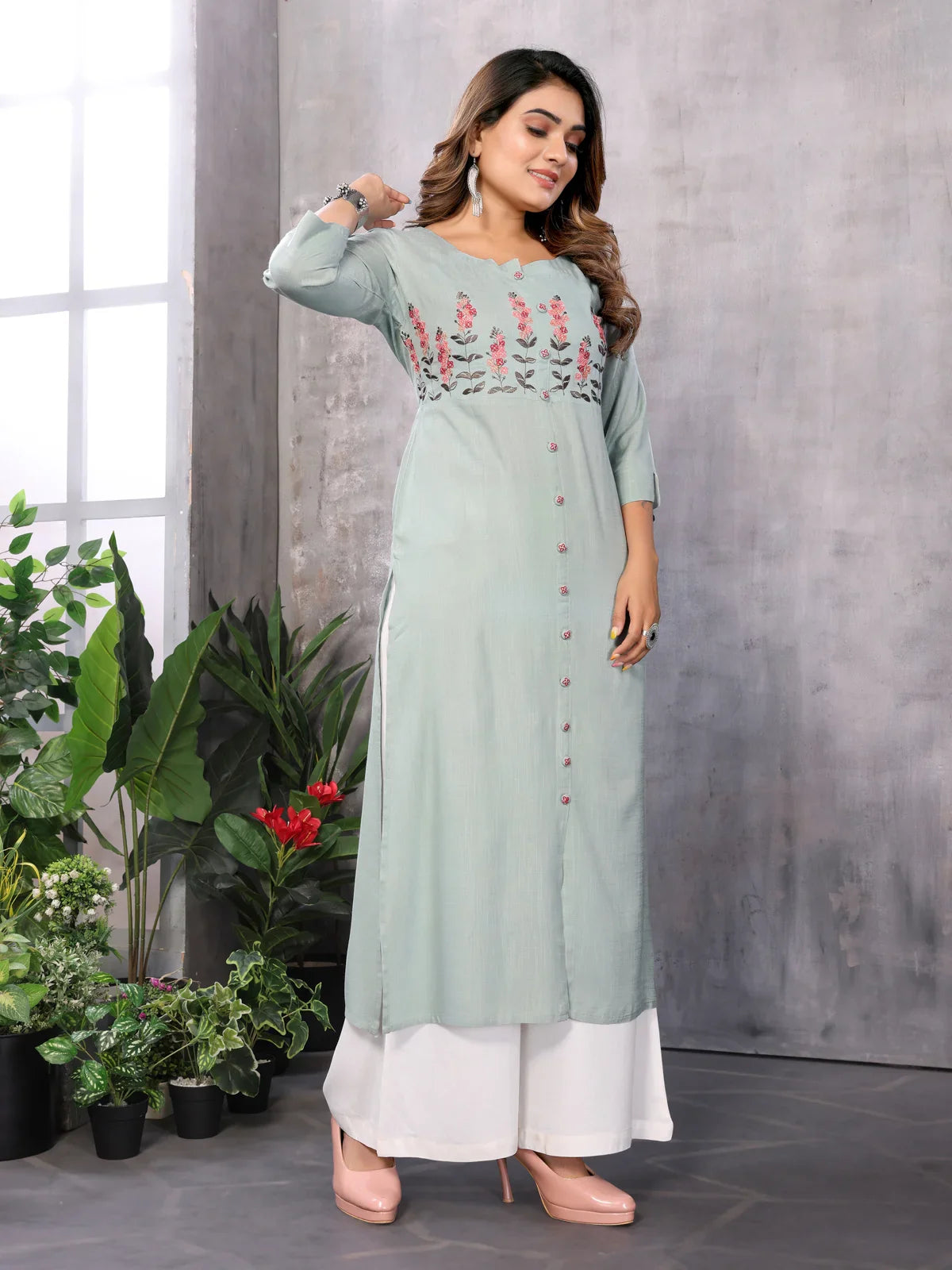 Buy Rayon Embroidered Straight Calf Length Kurti-Mint Green