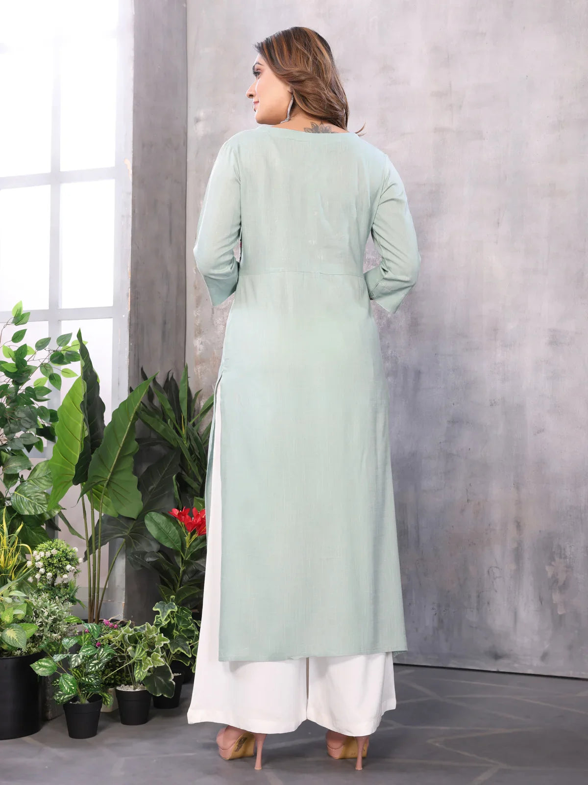 Buy Rayon Embroidered Straight Calf Length Kurti-Mint Green