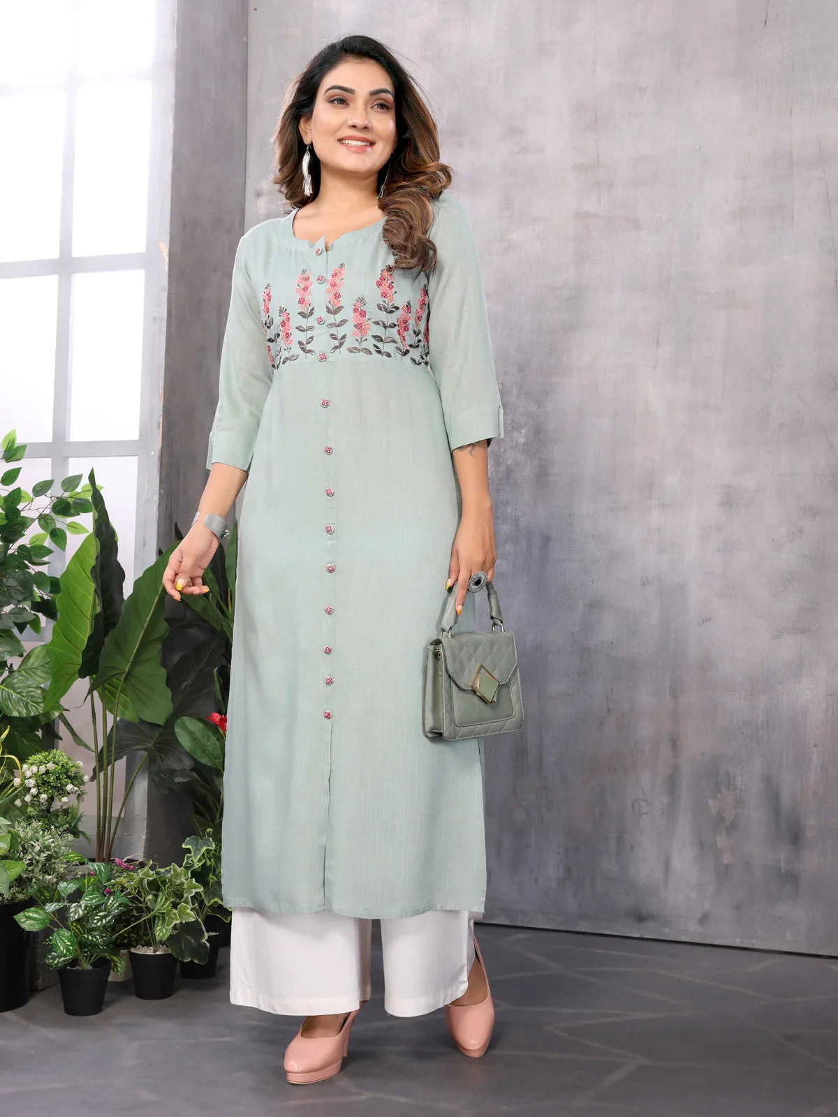 Buy Rayon Embroidered Straight Calf Length Kurti-Mint Green