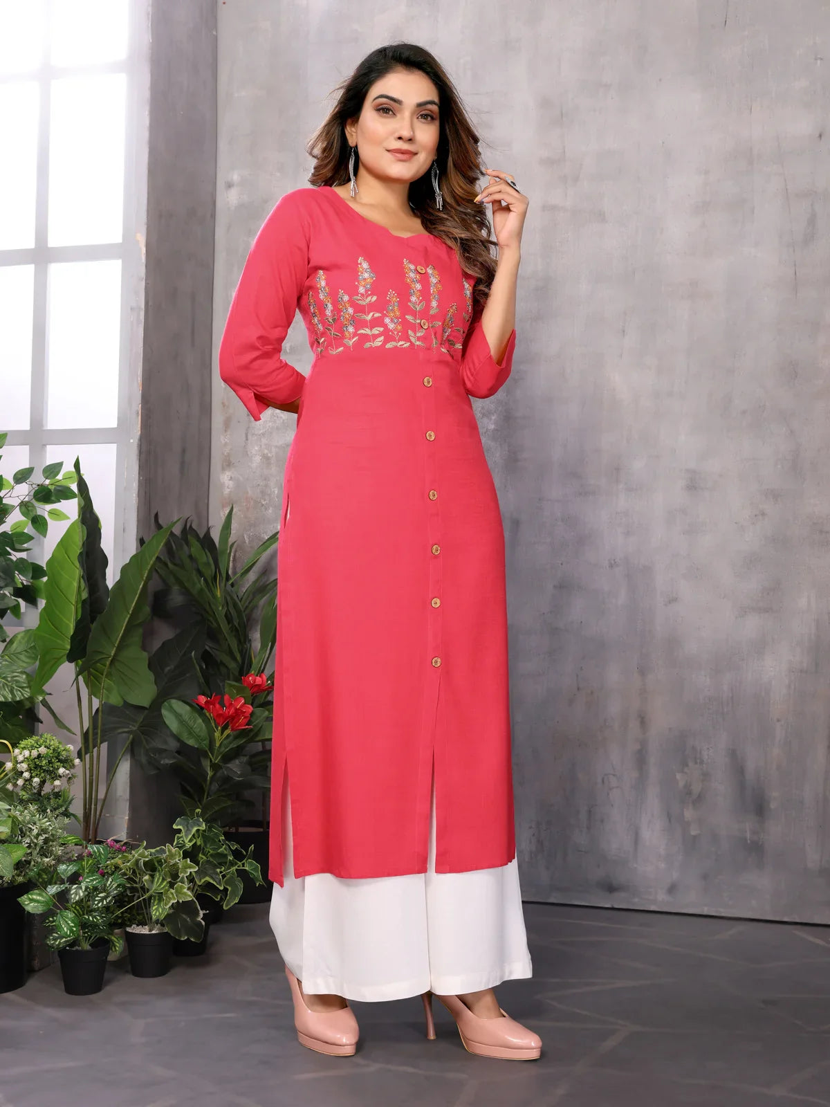 Buy Rayon Embroidered Straight Calf Length Kurti-Pink