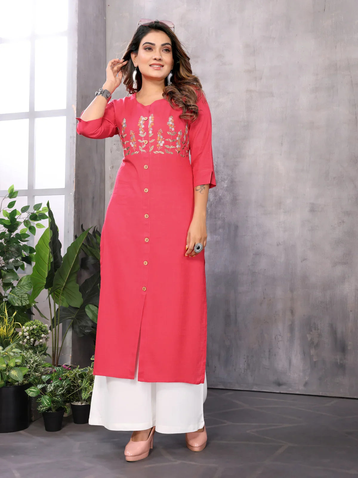 Buy Rayon Embroidered Straight Calf Length Kurti-Pink