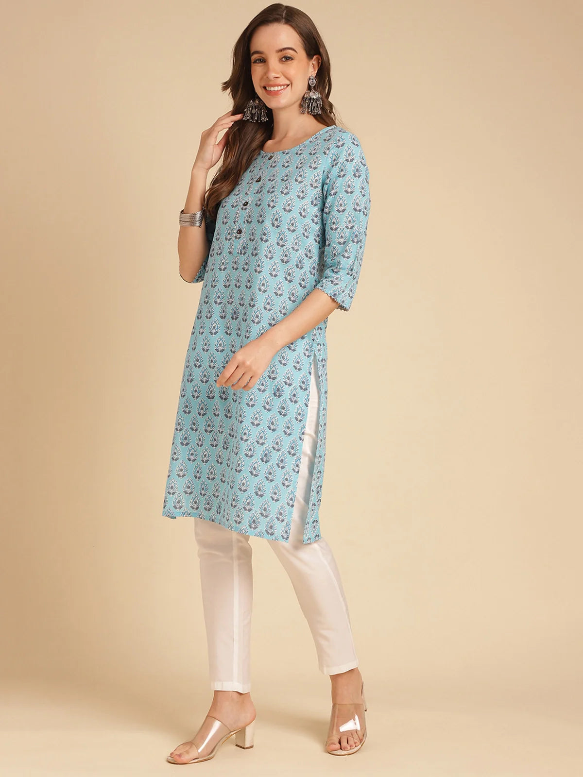 Buy Cotton Printed Knee Length Straight Kurta-Light Blue