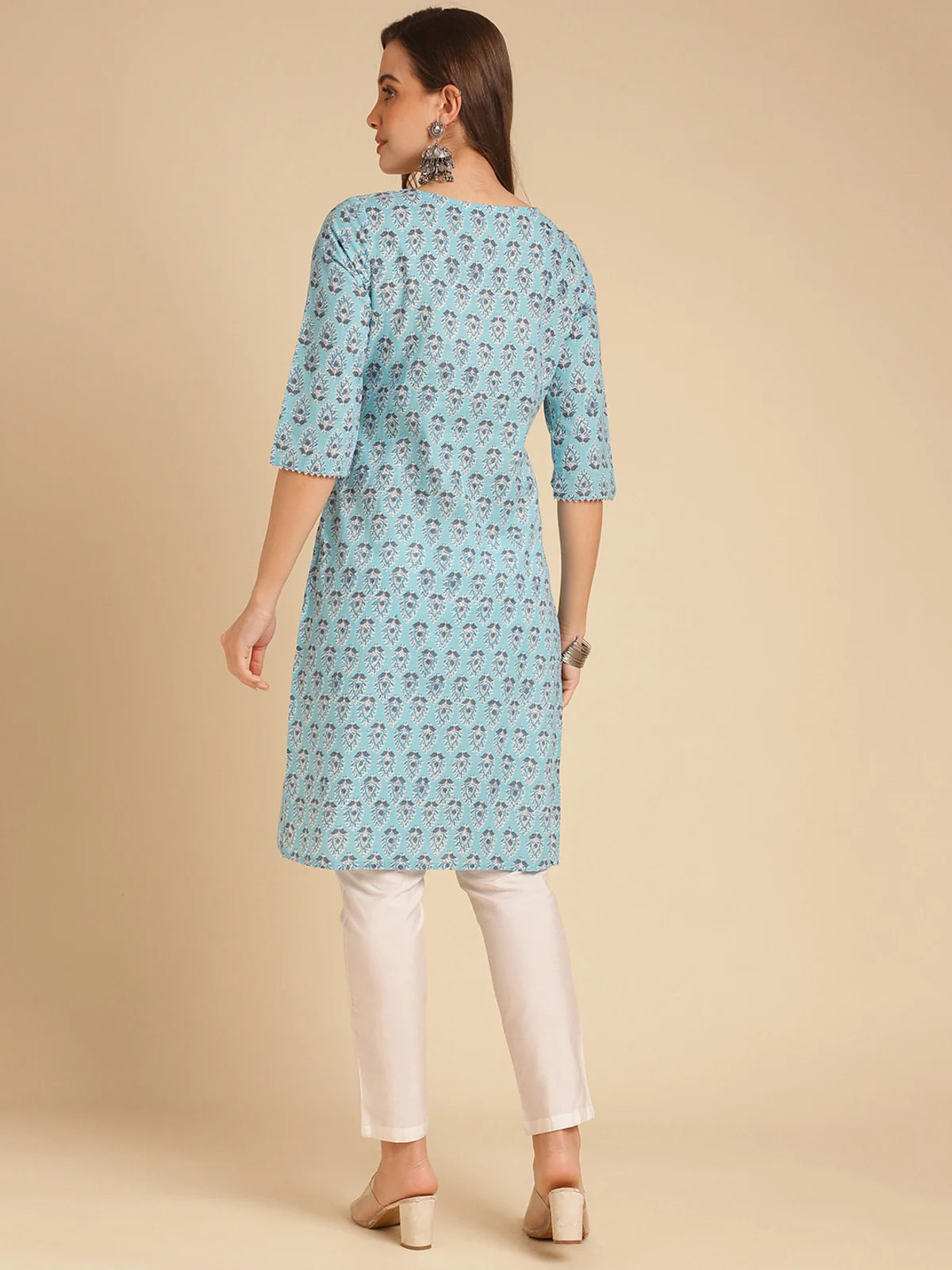 Buy Cotton Printed Knee Length Straight Kurta-Light Blue