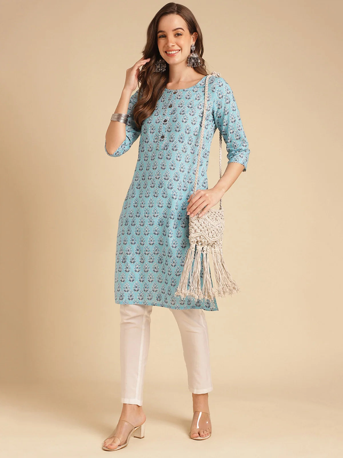 Buy Cotton Printed Knee Length Straight Kurta-Light Blue